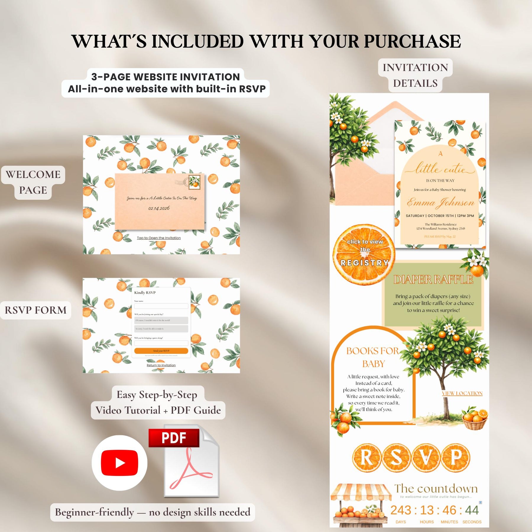 A Little Cutie Is On The Way Baby Shower Invitation Template with RSVP | Editable Canva Website Invite, Citrus Baby Shower