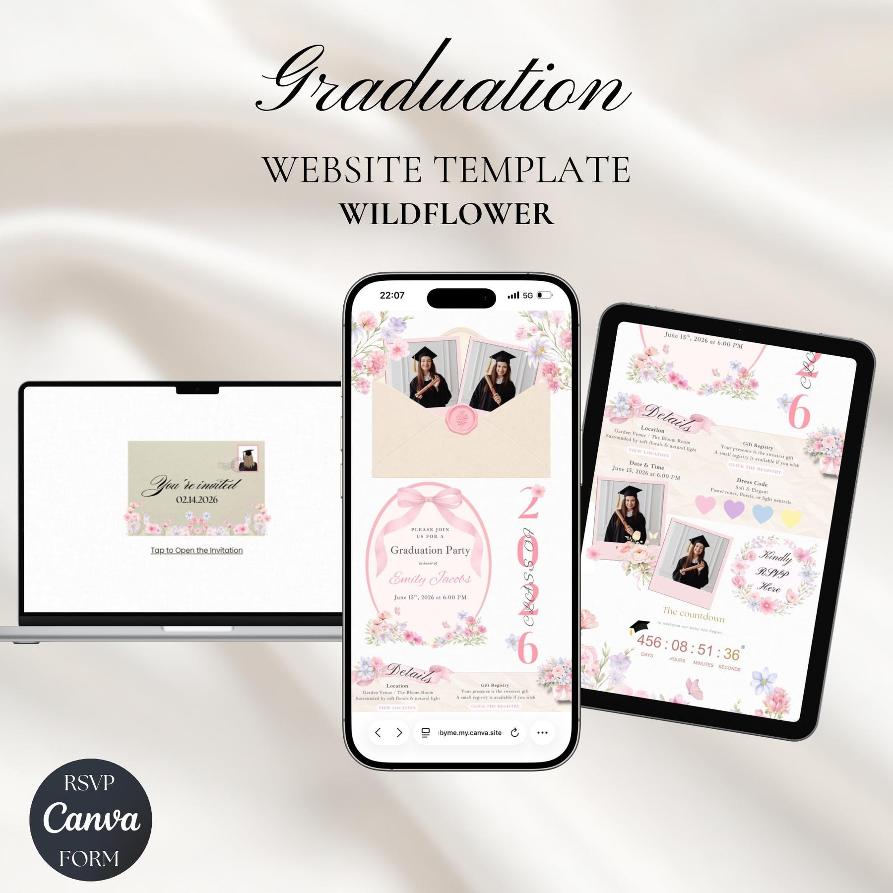 Class of 2026 Graduation Invitation Website with RSVP | Editable Canva Template, Wildflower Grad Invite