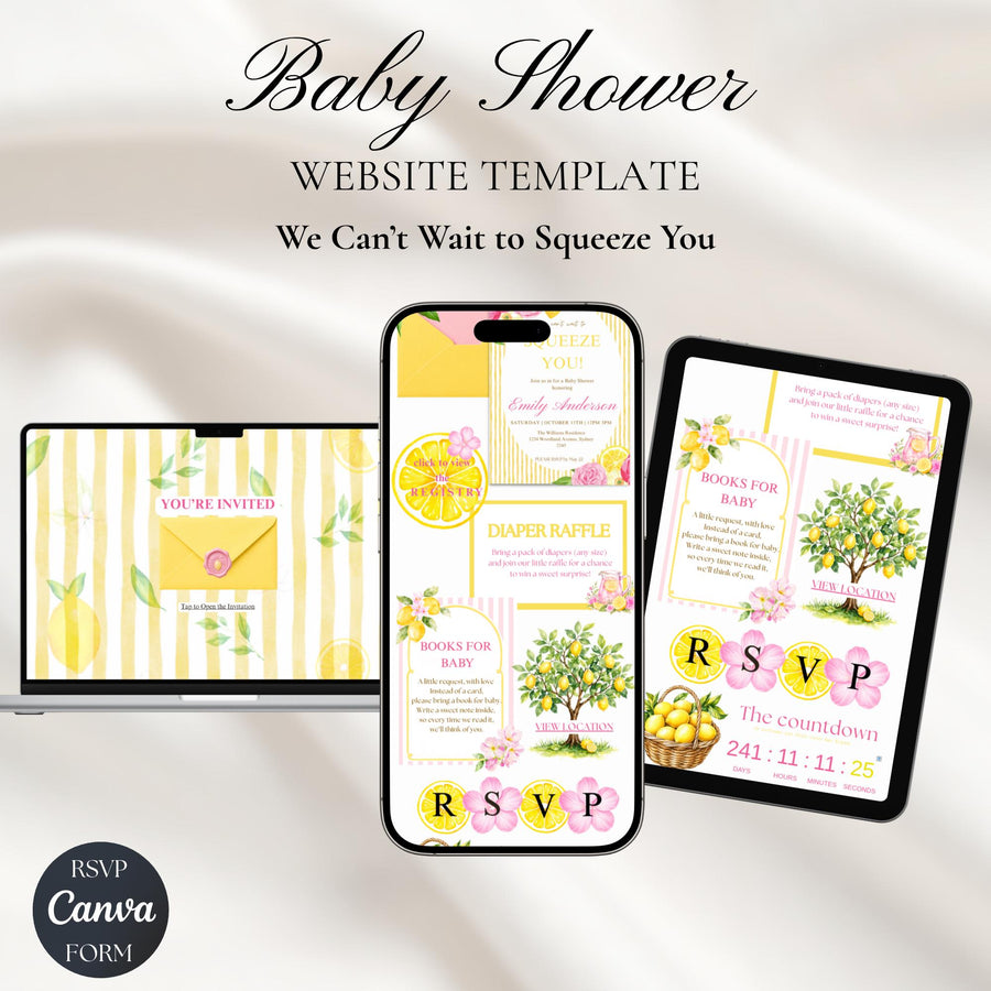 Lemon Baby Shower Invitation Template with RSVP | We Can’t Wait to Squeeze You Editable Canva Website Invite