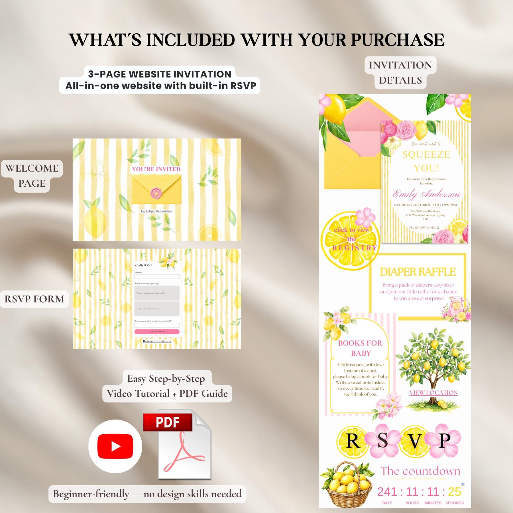 Lemon Baby Shower Invitation Template with RSVP | We Can’t Wait to Squeeze You Editable Canva Website Invite