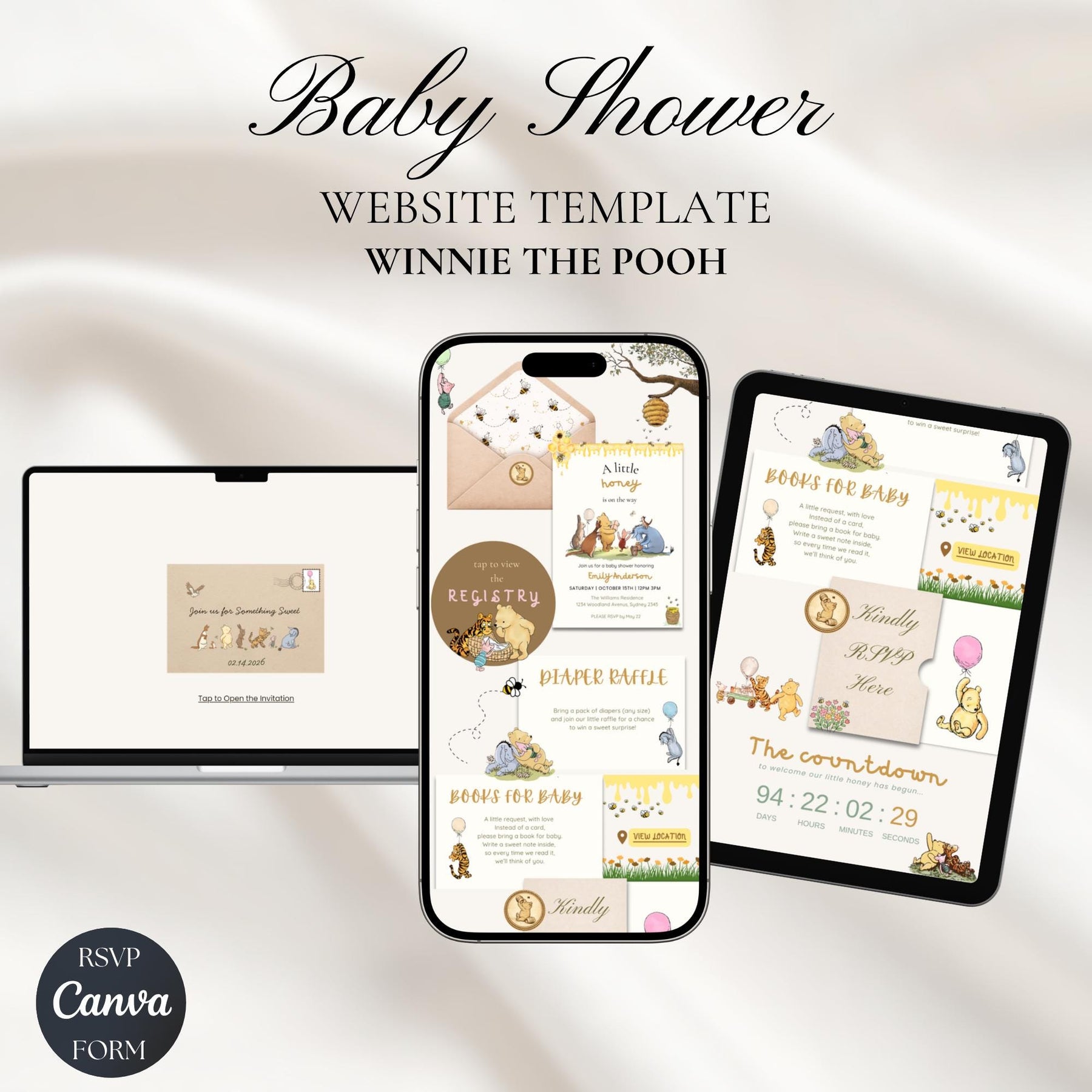 Winnie the Pooh Baby Shower Template | Editable Canva Invite with RSVP