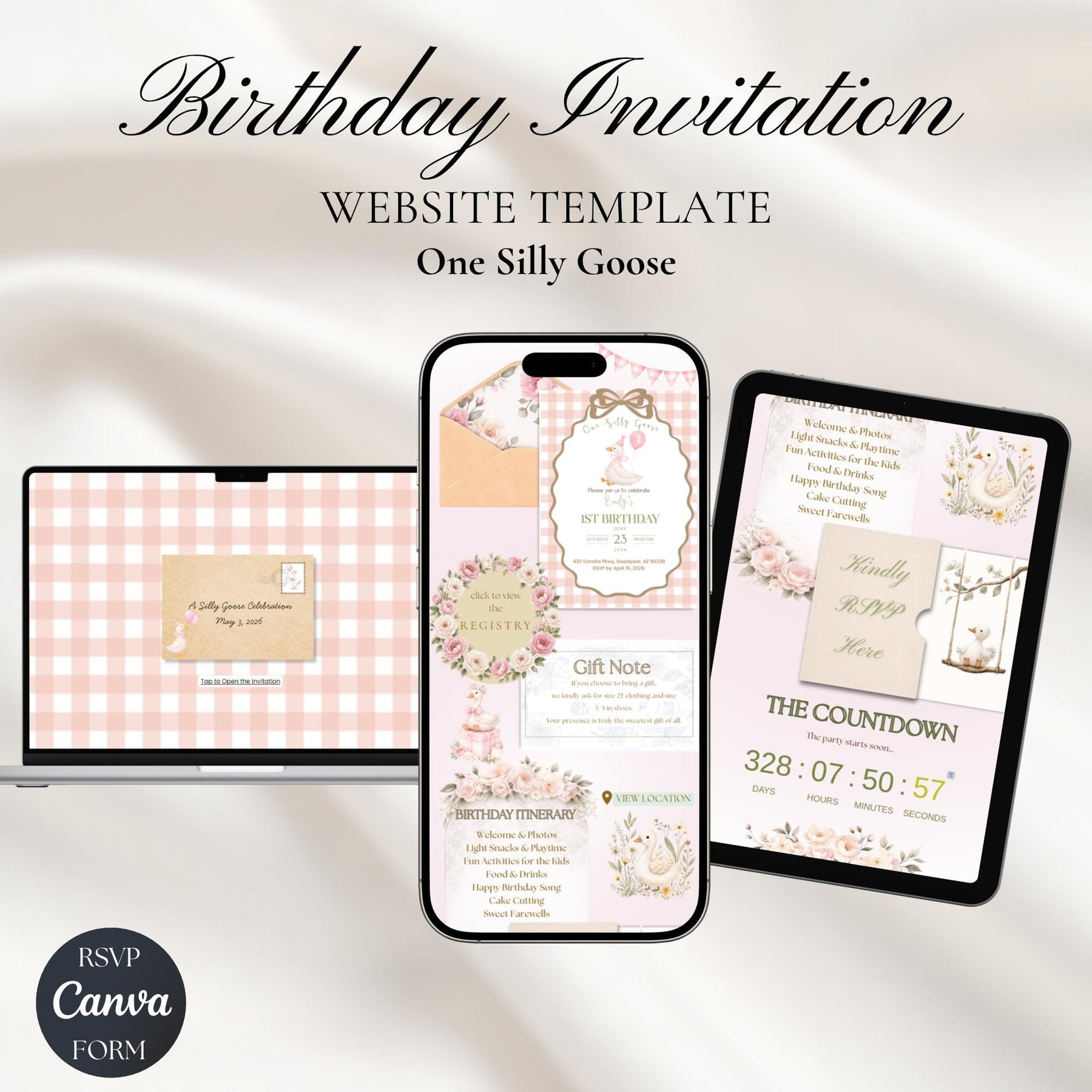 One Silly Goose First Birthday Website Invitation with RSVP | Pink Gingham Canva Template, Editable Party Invite