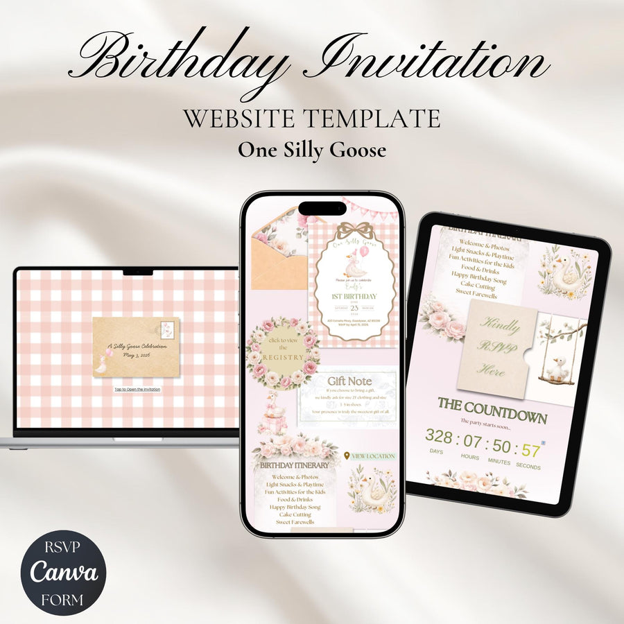 One Silly Goose First Birthday Website Invitation with RSVP | Pink Gingham Canva Template, Editable Party Invite
