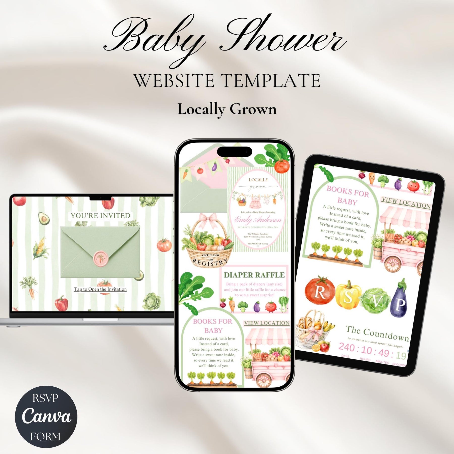 Locally Grown Baby Shower Invitation Website Template with RSVP | Editable Canva Digital Invite