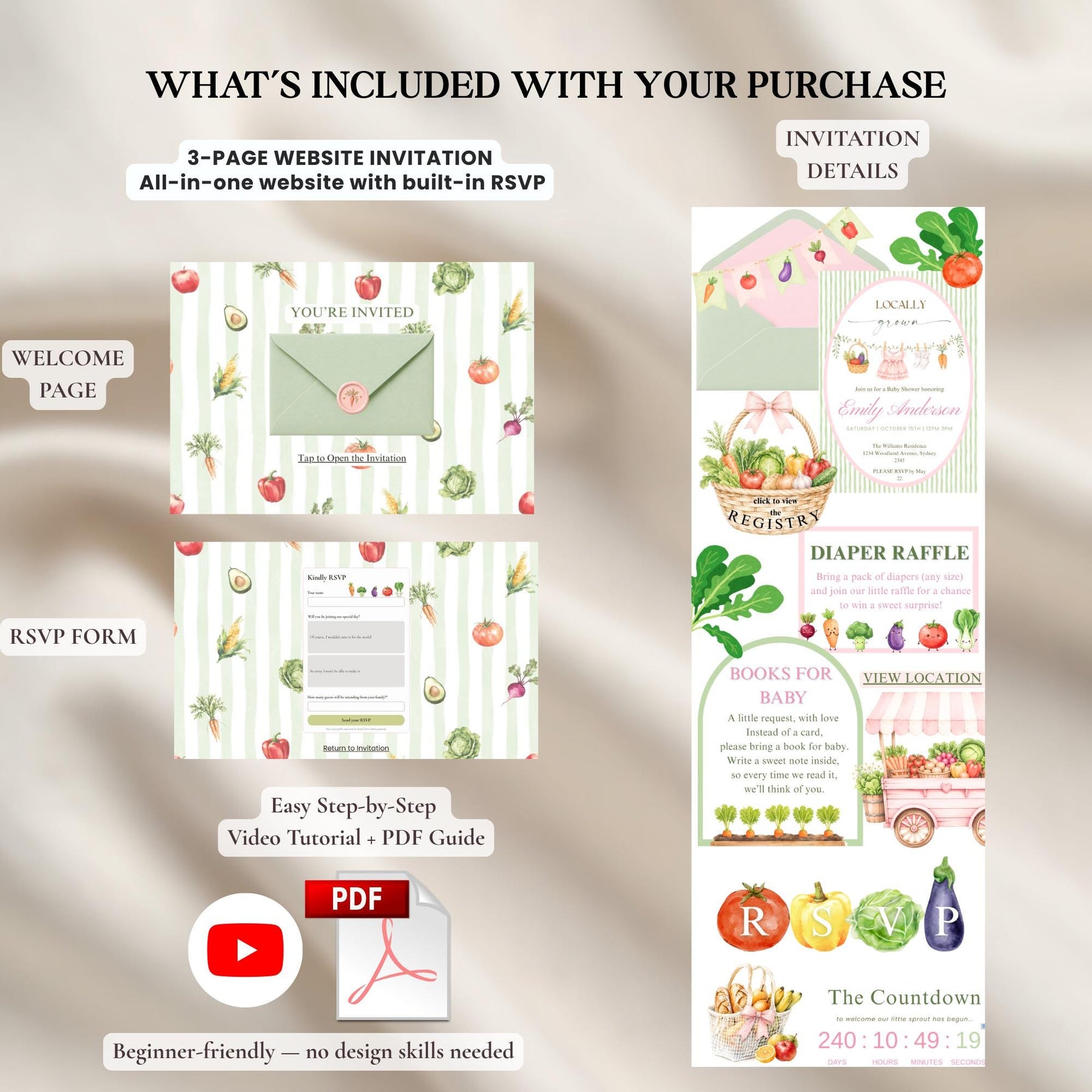 Locally Grown Baby Shower Invitation Website Template with RSVP | Editable Canva Digital Invite