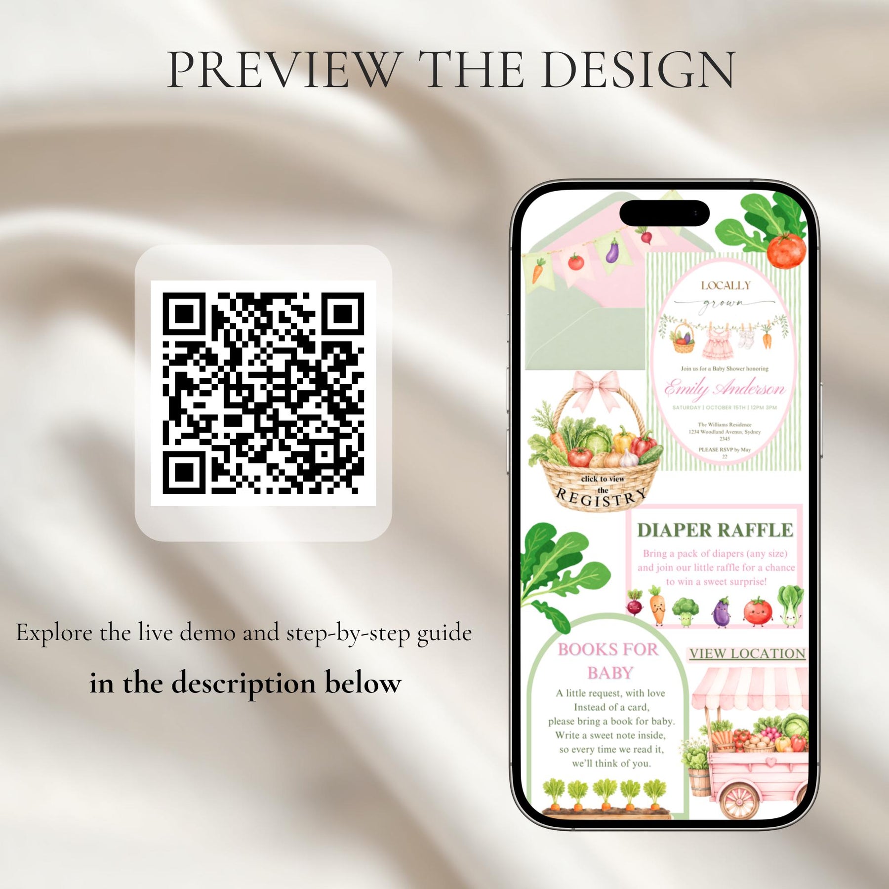 Locally Grown Baby Shower Invitation Website Template with RSVP | Editable Canva Digital Invite