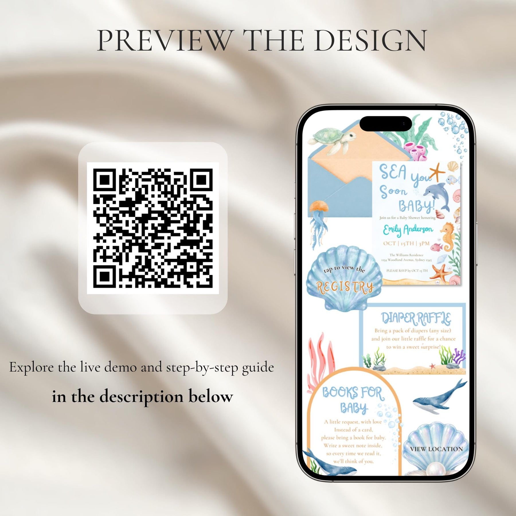 Sea You Soon Baby Shower Website Invitation with RSVP | Editable Canva Template, Digital Invite