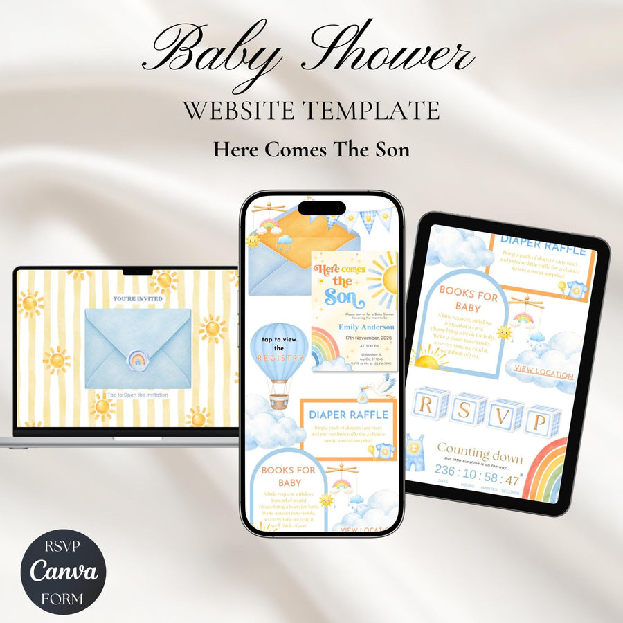 Here Comes the Son Baby Shower Invitation Website with RSVP | Editable Canva Template, Baby Shower Invite, Instant Download