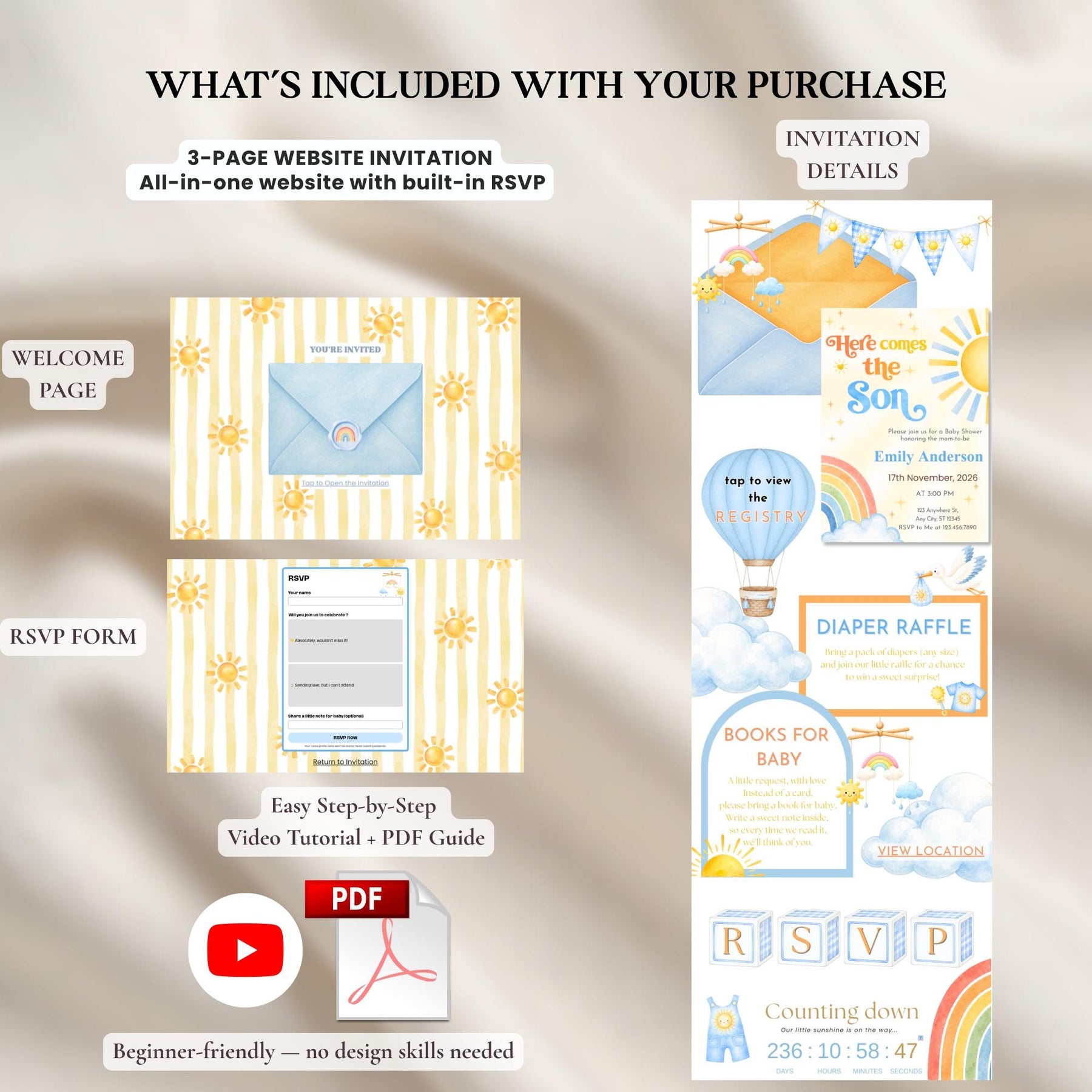 Here Comes the Son Baby Shower Invitation Website with RSVP | Editable Canva Template, Baby Shower Invite, Instant Download