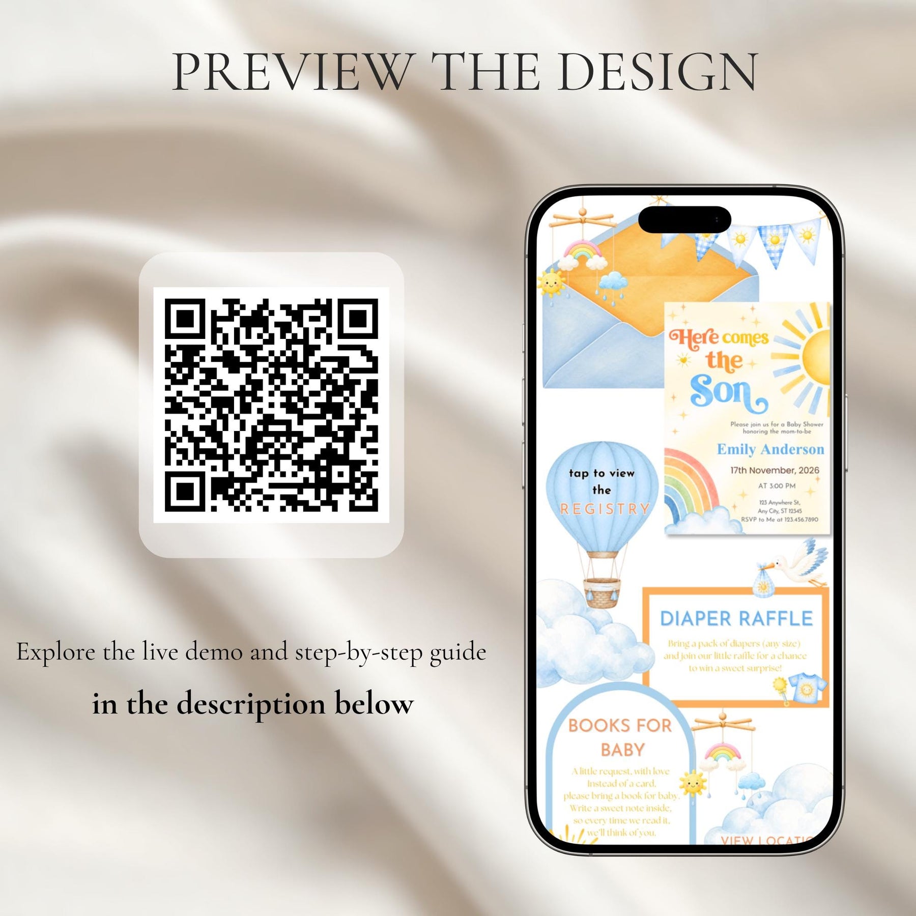 Here Comes the Son Baby Shower Invitation Website with RSVP | Editable Canva Template, Baby Shower Invite, Instant Download