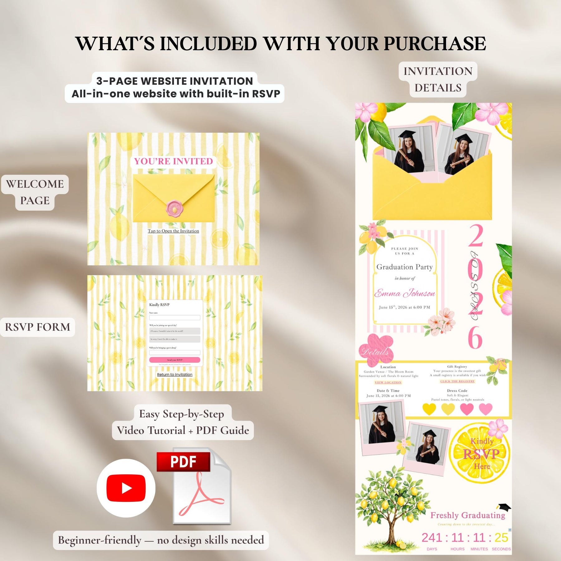 Freshly Graduated Lemon Graduation Invitation Template, Citrus Theme Class of 2026, Editable Canva Invite (Digital Download)
