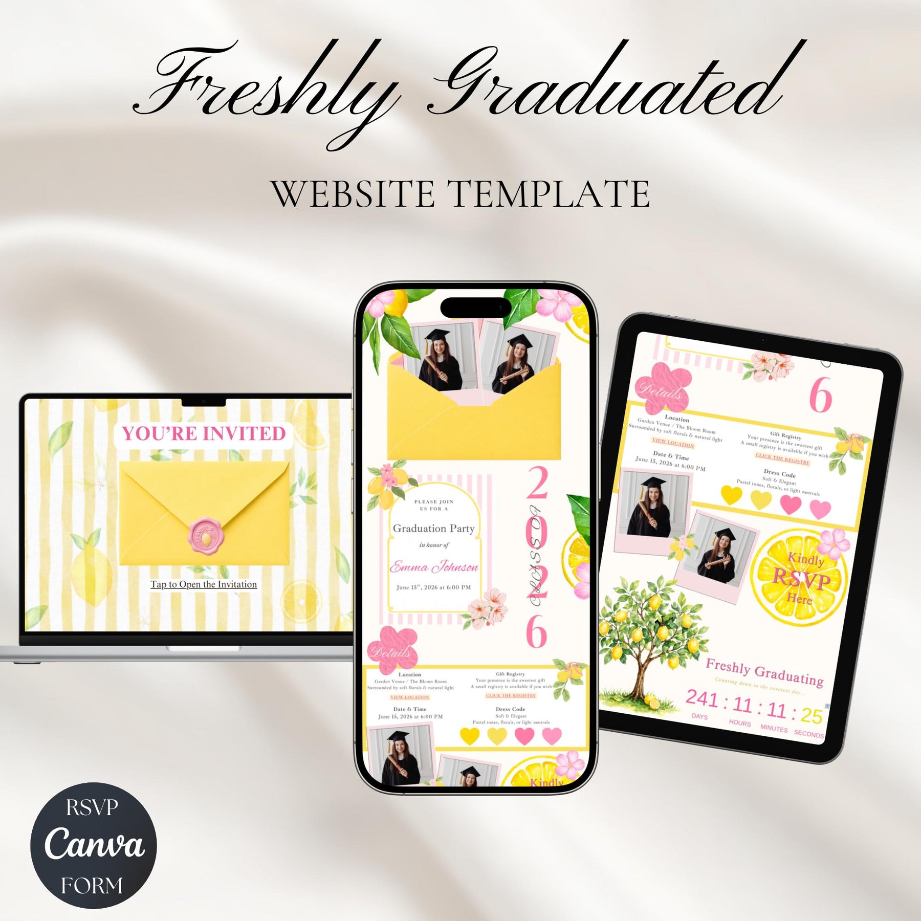 Freshly Graduated Lemon Graduation Invitation Template, Citrus Theme Class of 2026, Editable Canva Invite (Digital Download)