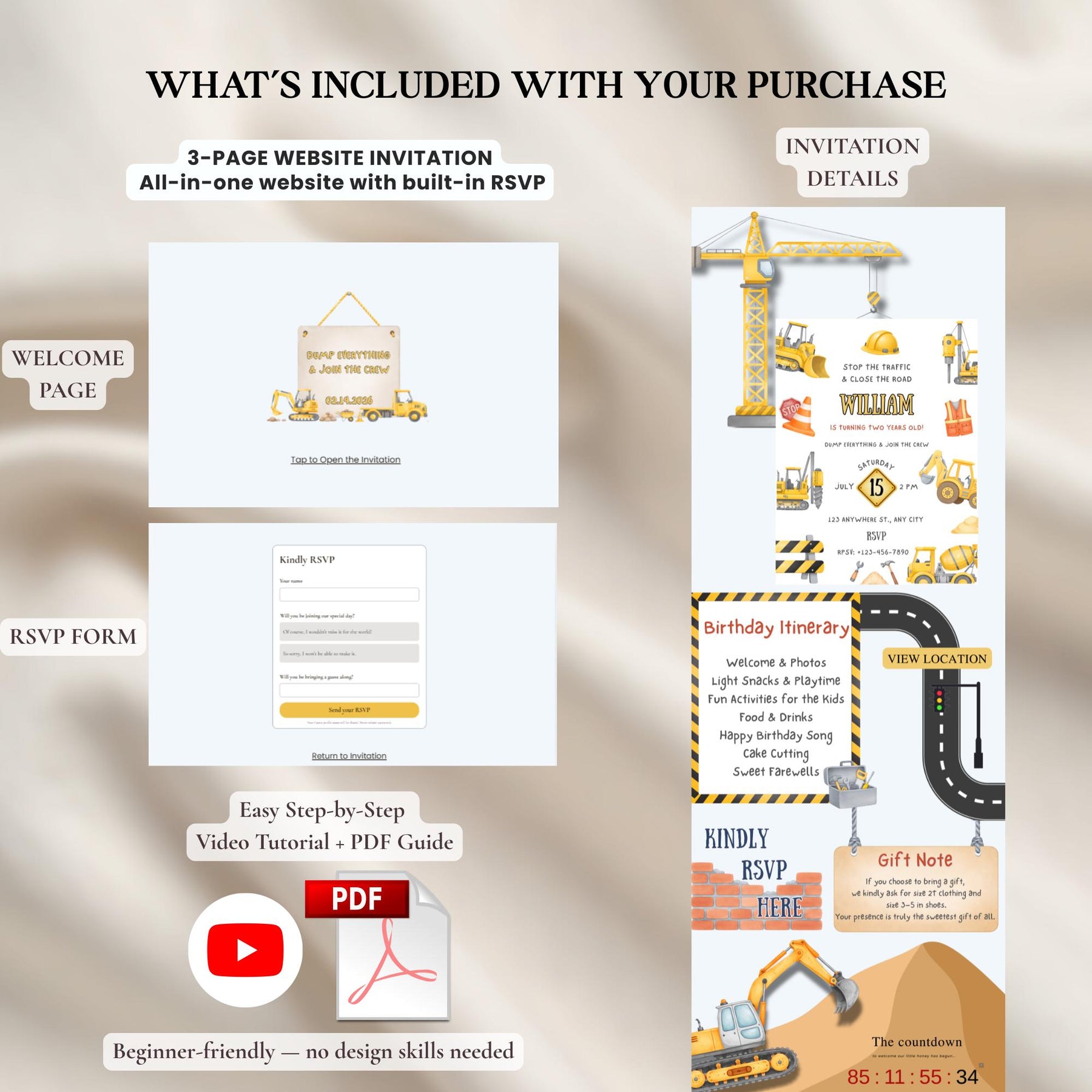 Construction Birthday Invitation Website with RSVP | Editable Canva Template, Truck Party Invite