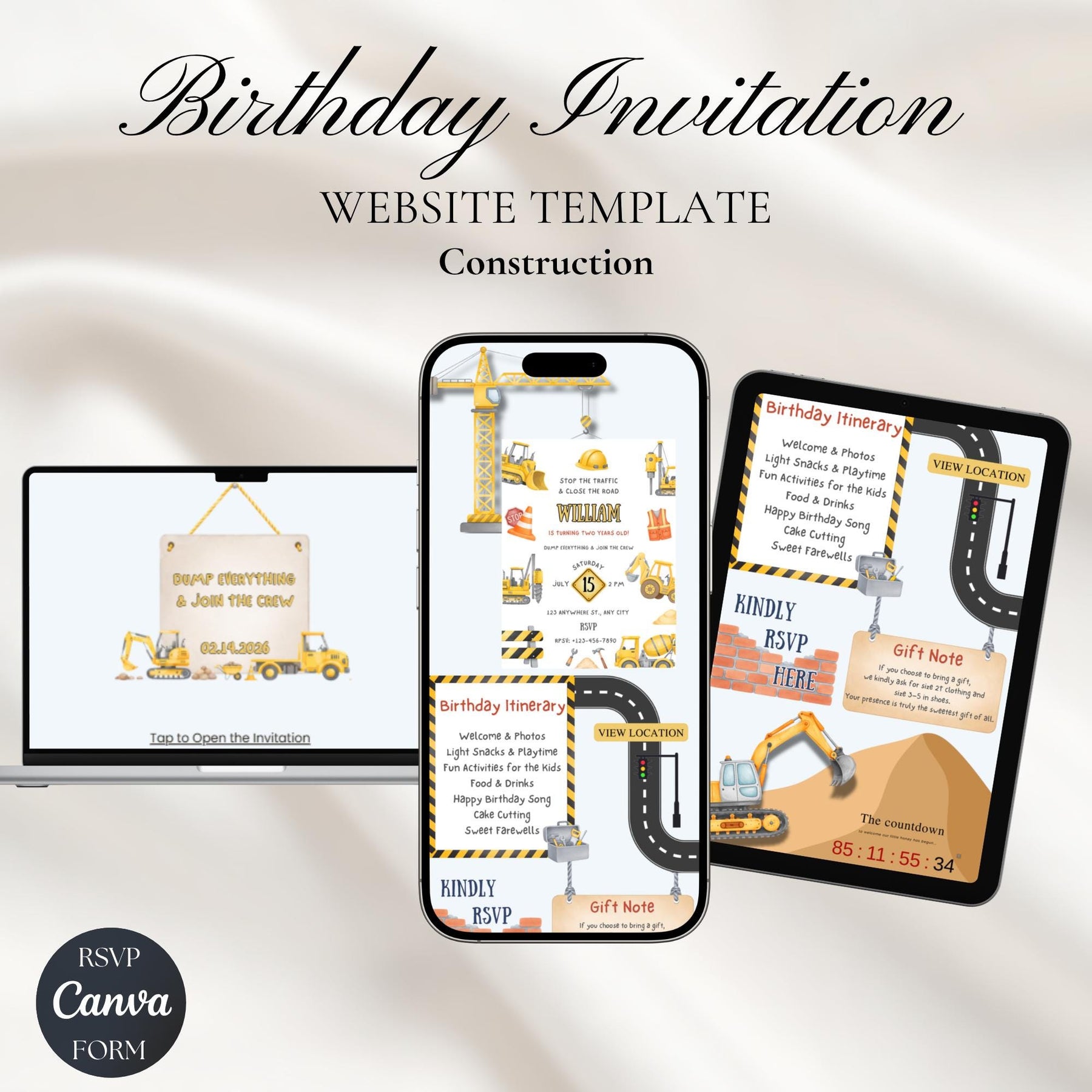 Construction Birthday Invitation Website with RSVP | Editable Canva Template, Truck Party Invite