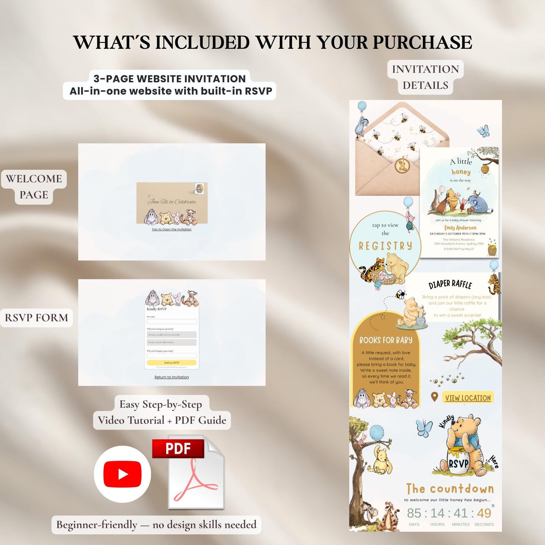Winnie the Pooh Baby Shower Invitation Website with RSVP | Little Honey Is On The Way, Editable Canva Invite