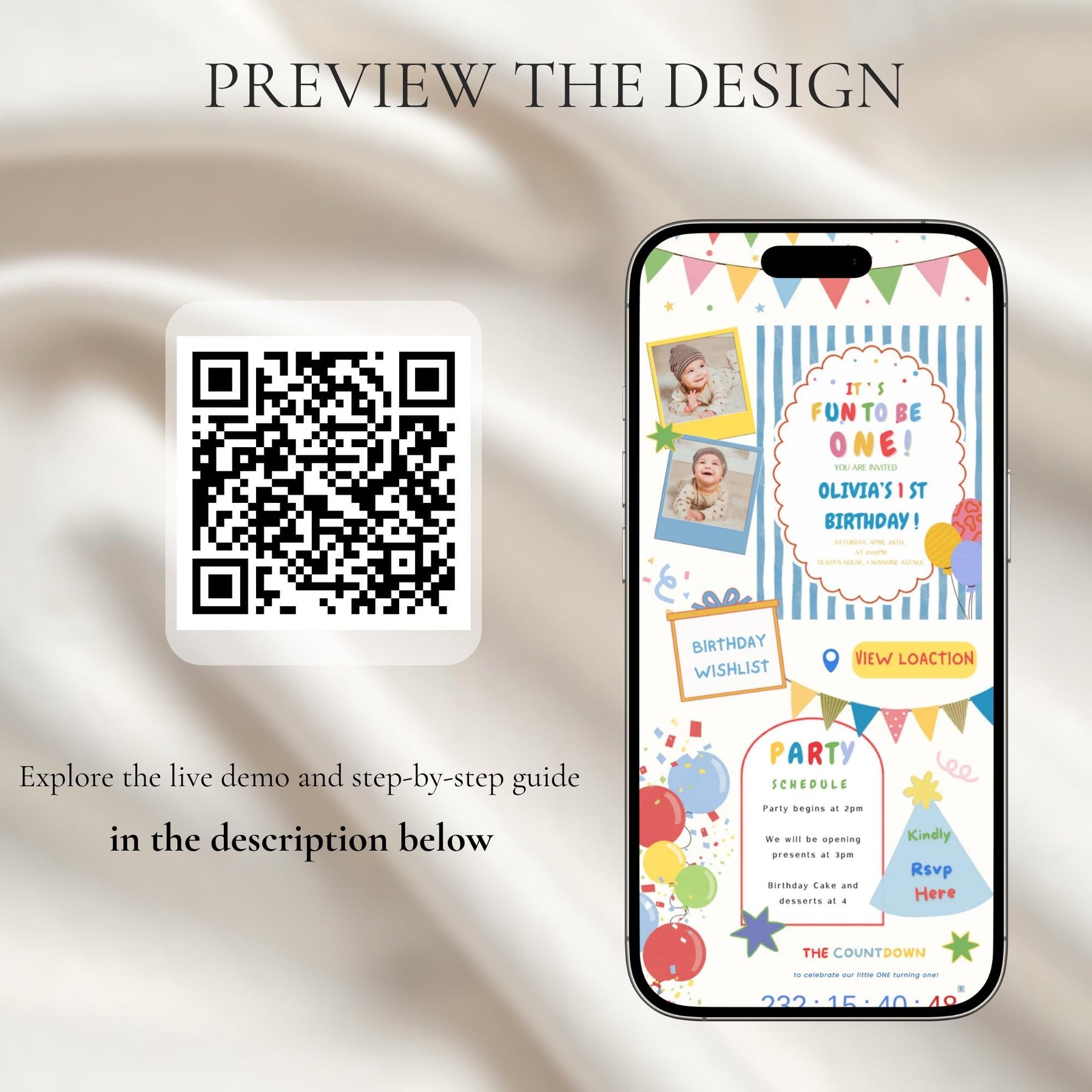 It’s Fun to Be One Birthday Invitation Website with RSVP | Editable Canva Template, 1st Birthday Party Invite