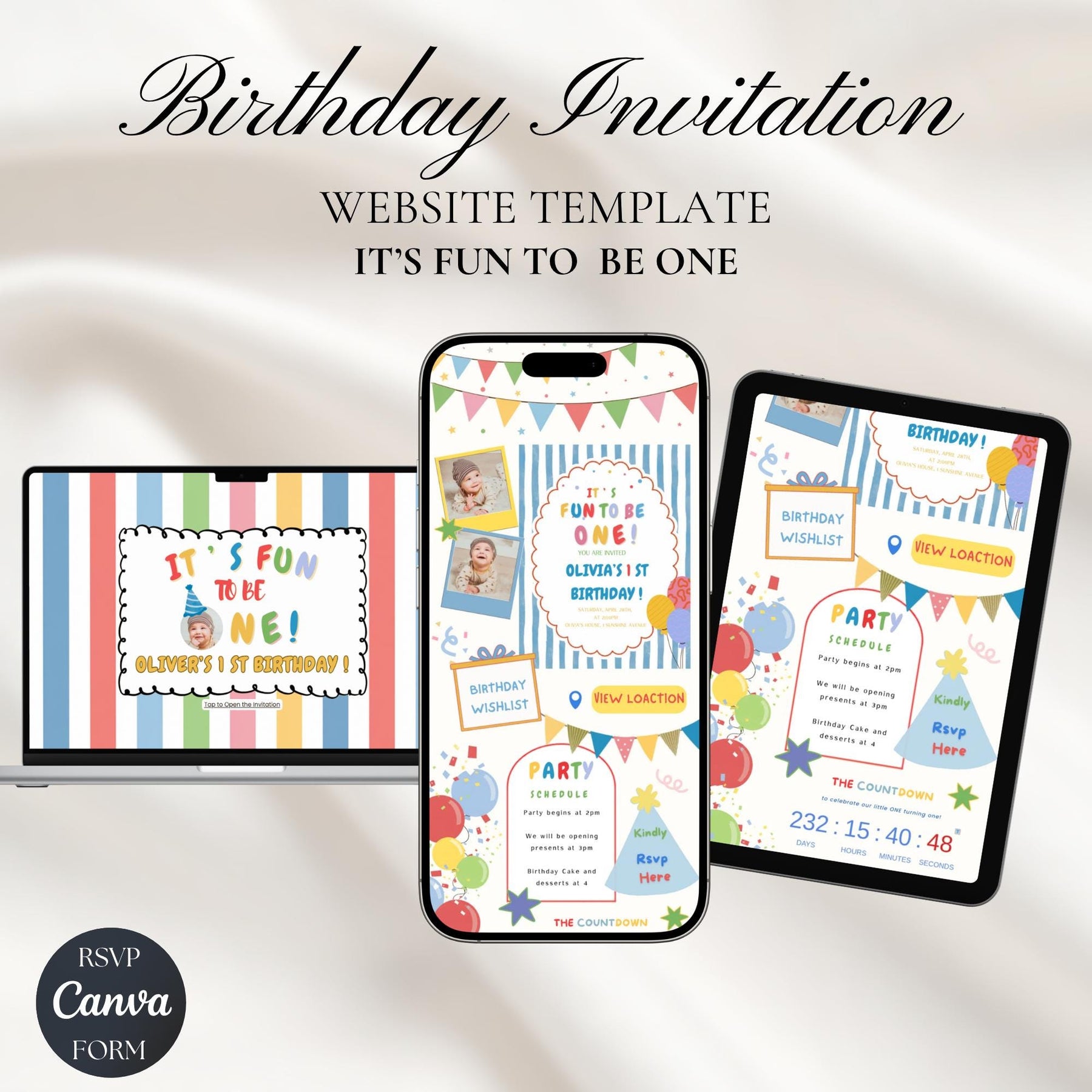 It’s Fun to Be One Birthday Invitation Website with RSVP | Editable Canva Template, 1st Birthday Party Invite