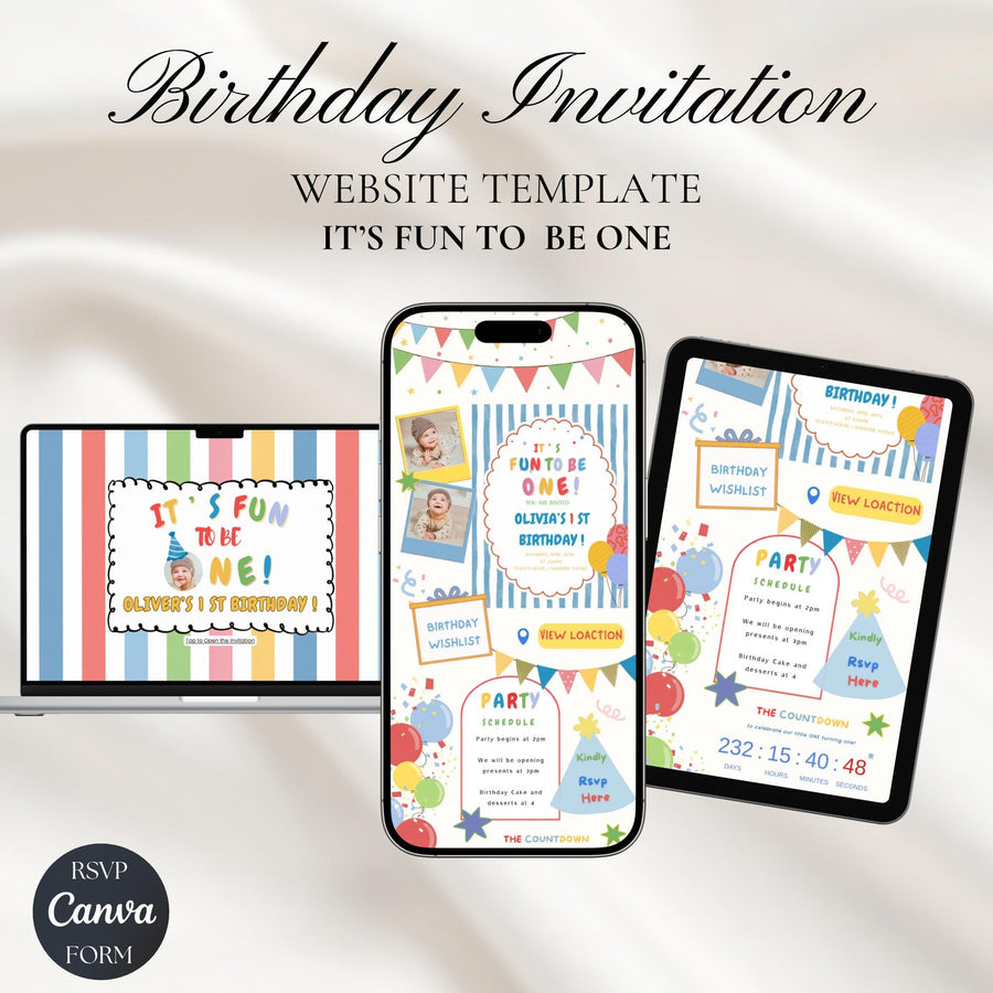 It’s Fun to Be One Birthday Invitation Website with RSVP | Editable Canva Template, 1st Birthday Party Invite