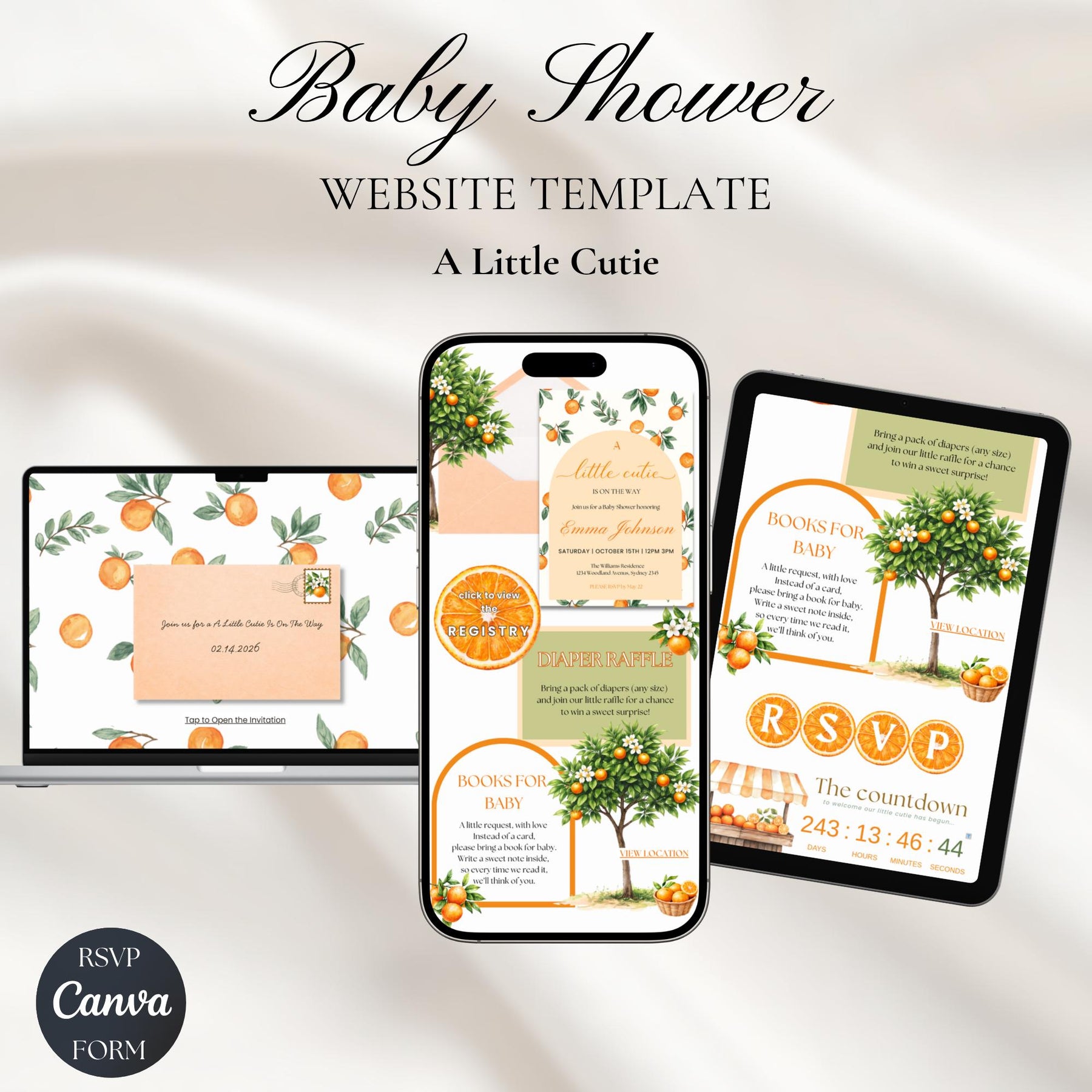 A Little Cutie Is On The Way Baby Shower Invitation Template with RSVP | Editable Canva Website Invite, Citrus Baby Shower