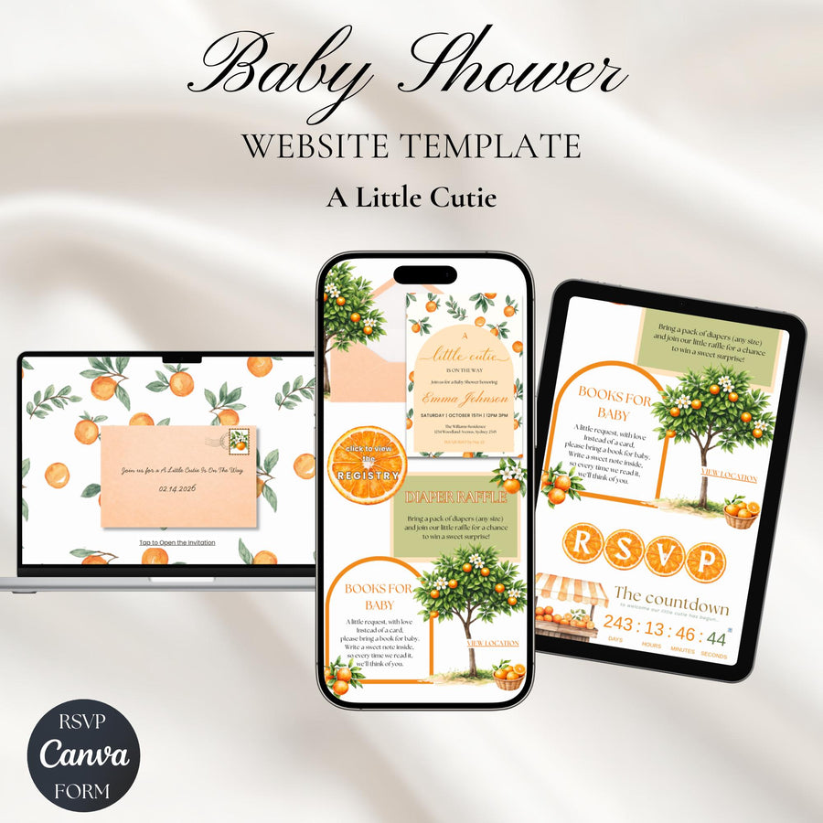 A Little Cutie Is On The Way Baby Shower Invitation Template with RSVP | Editable Canva Website Invite, Citrus Baby Shower