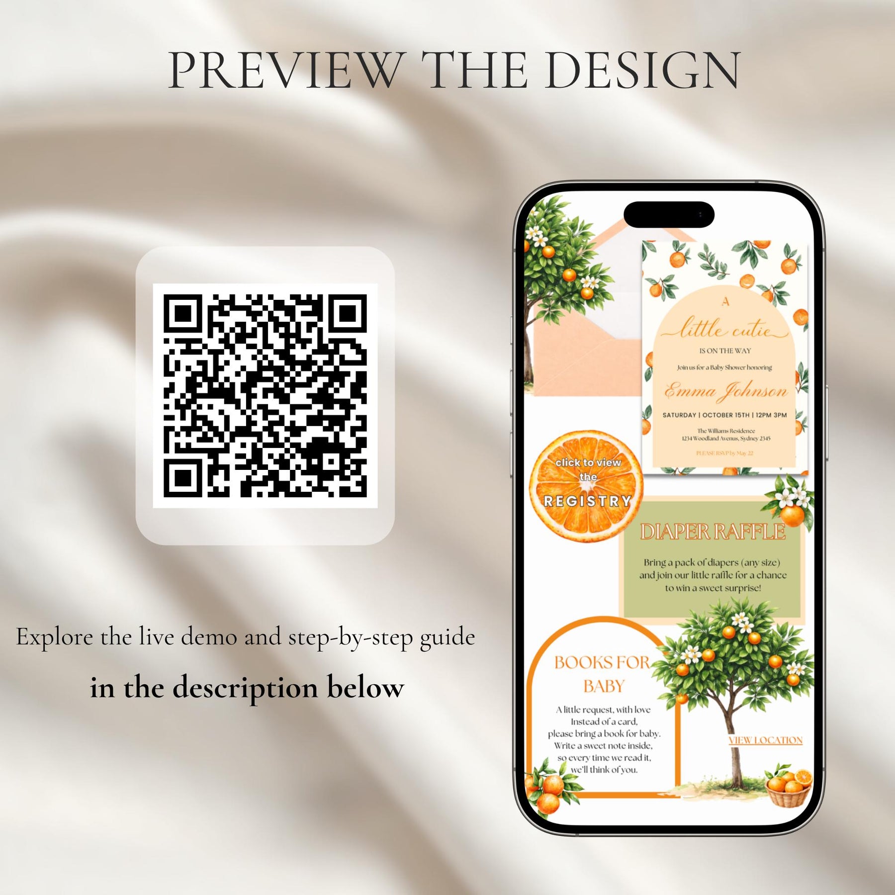 A Little Cutie Is On The Way Baby Shower Invitation Template with RSVP | Editable Canva Website Invite, Citrus Baby Shower