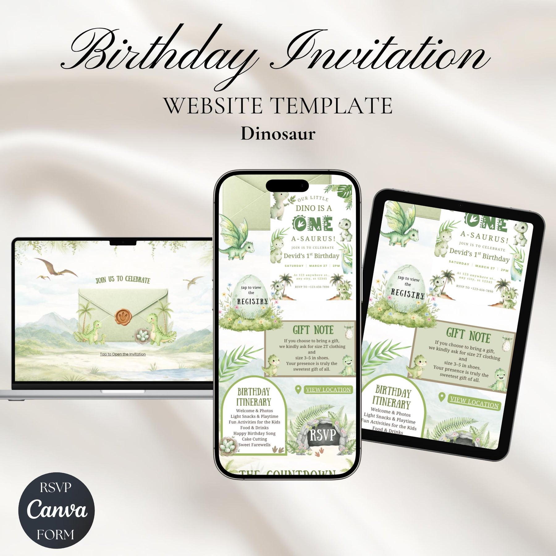 One-A-Saurus Dinosaur 1st Birthday Website Invitation with RSVP | Editable Canva First Birthday Invite Template