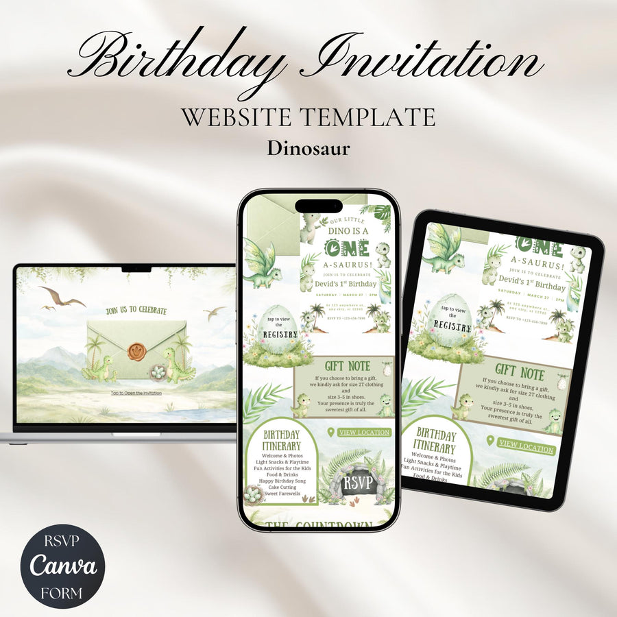 One-A-Saurus Dinosaur 1st Birthday Website Invitation with RSVP | Editable Canva First Birthday Invite Template