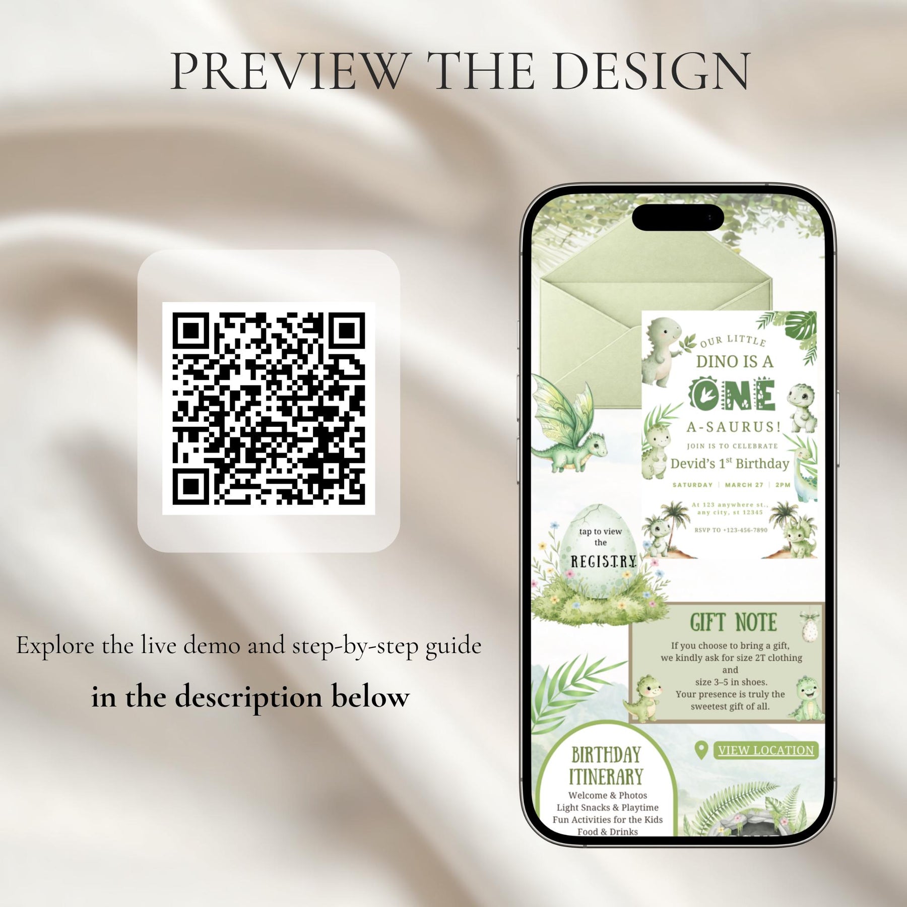 One-A-Saurus Dinosaur 1st Birthday Website Invitation with RSVP | Editable Canva First Birthday Invite Template