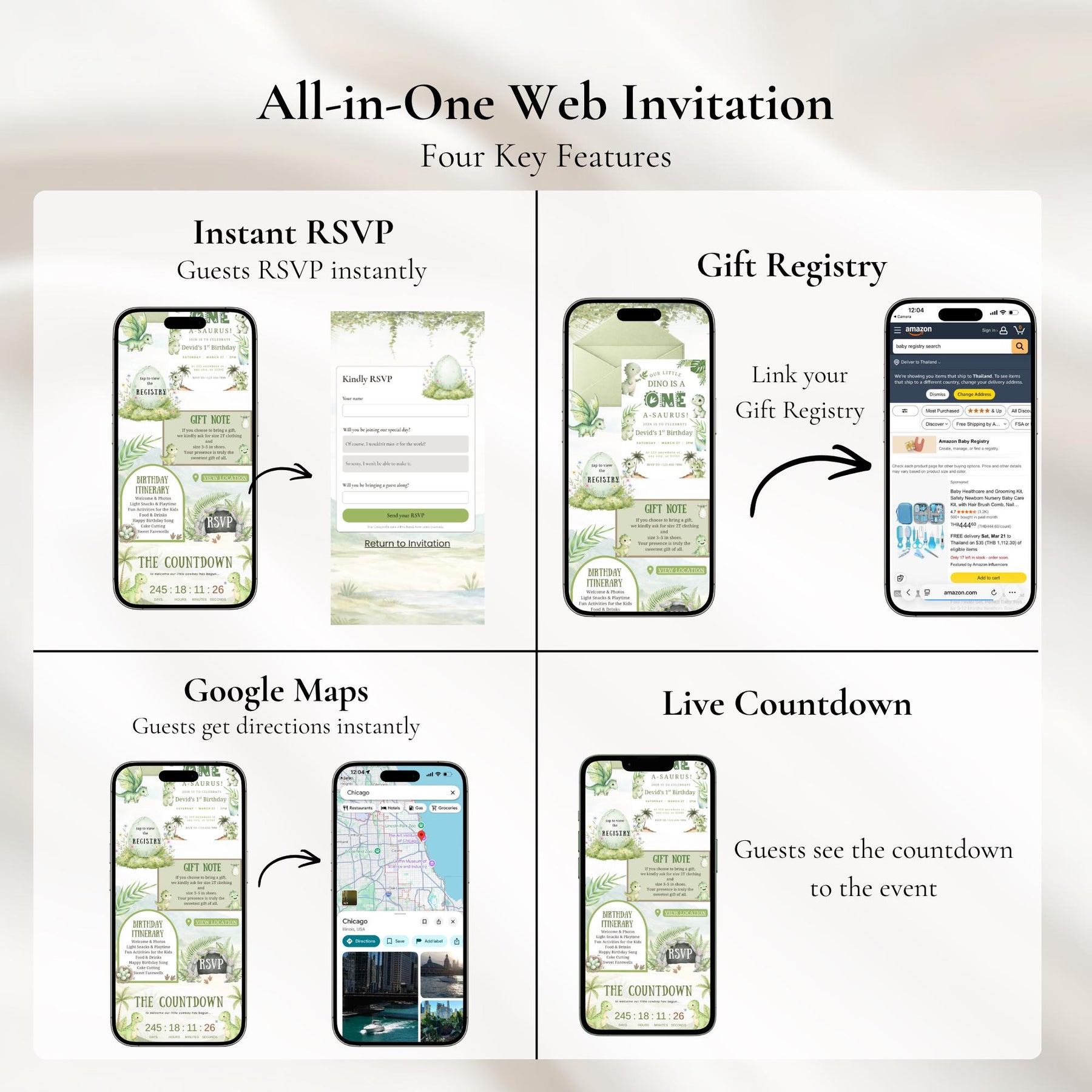 One-A-Saurus Dinosaur 1st Birthday Website Invitation with RSVP | Editable Canva First Birthday Invite Template