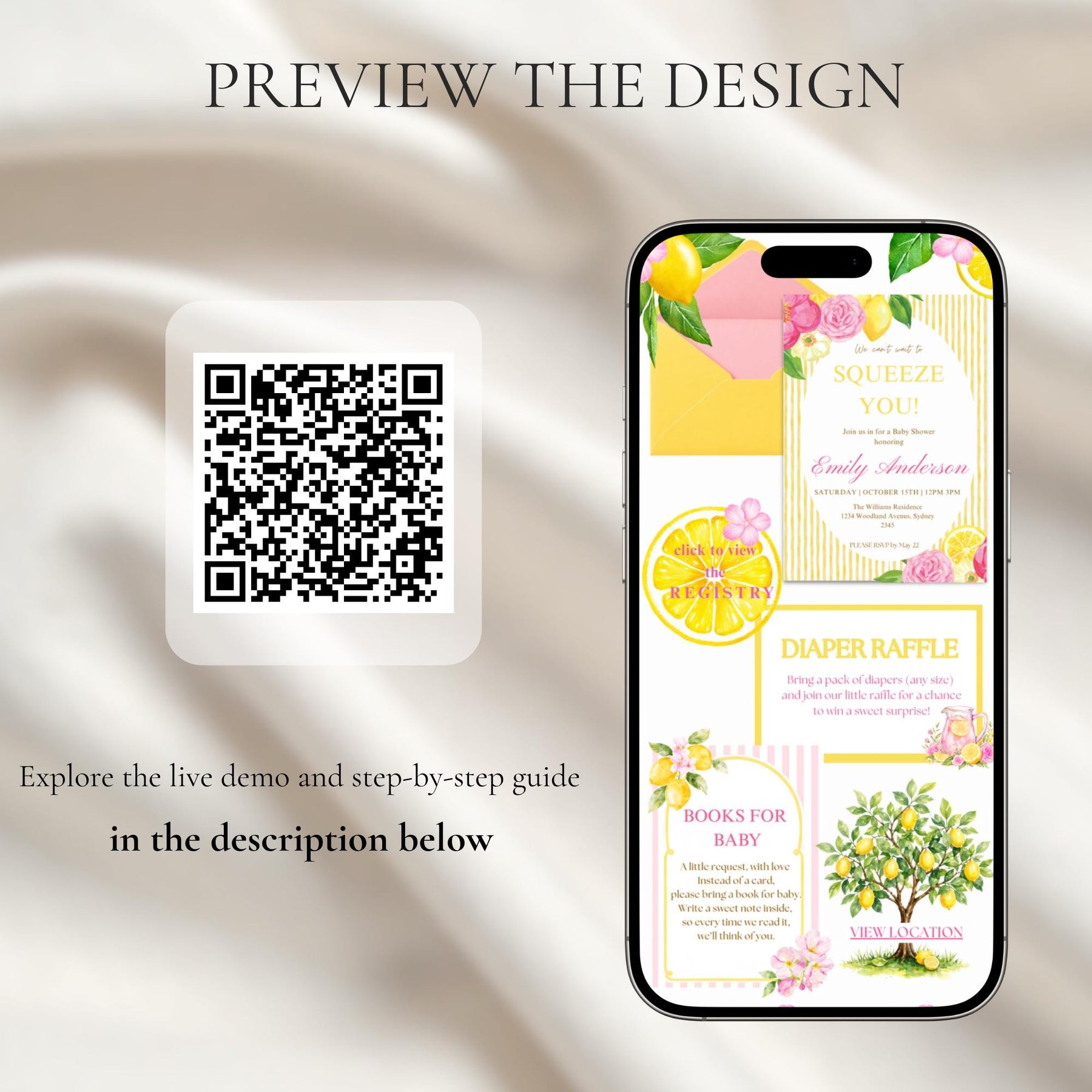 Lemon Baby Shower Invitation Template with RSVP | We Can’t Wait to Squeeze You Editable Canva Website Invite