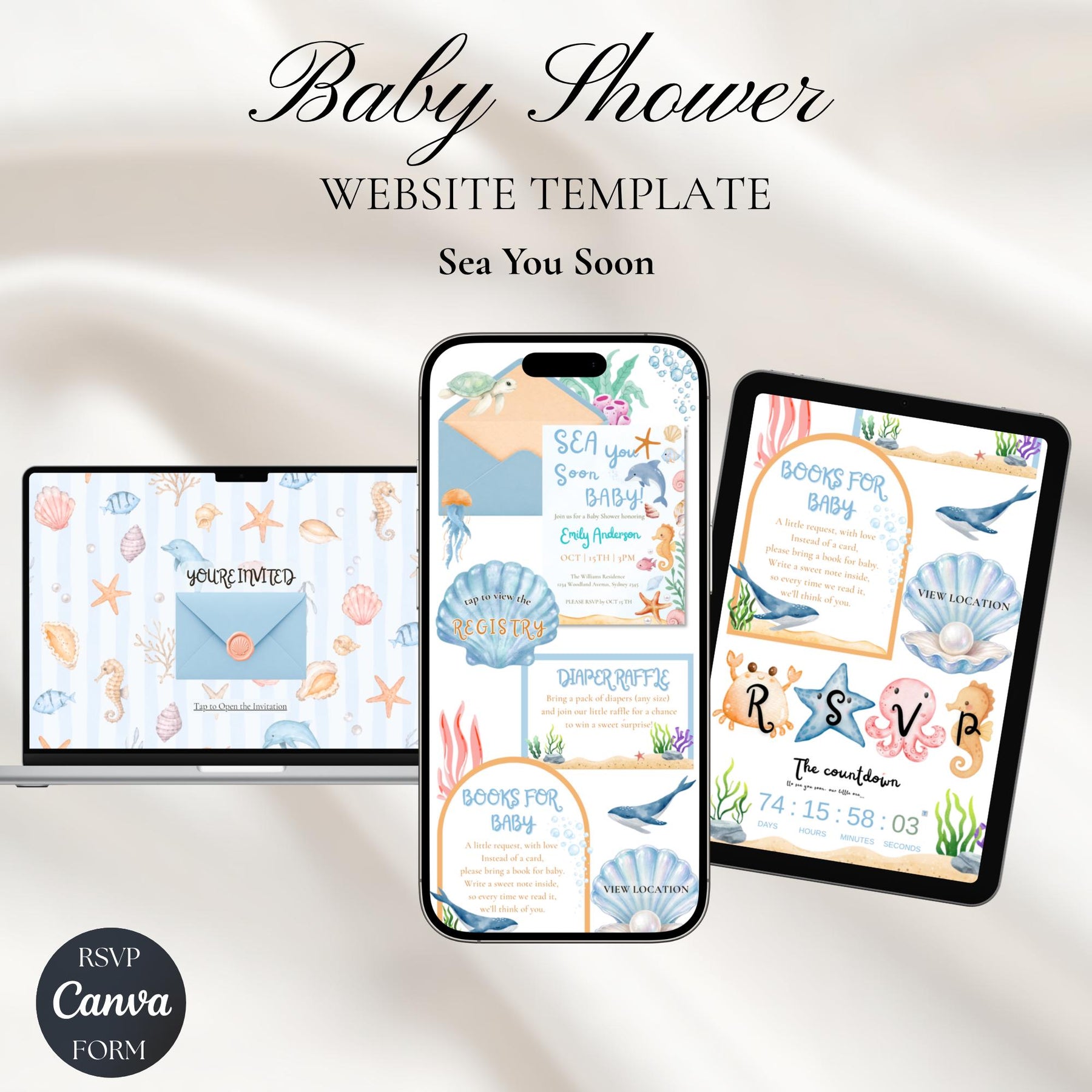 Sea You Soon Baby Shower Website Invitation with RSVP | Editable Canva Template, Digital Invite