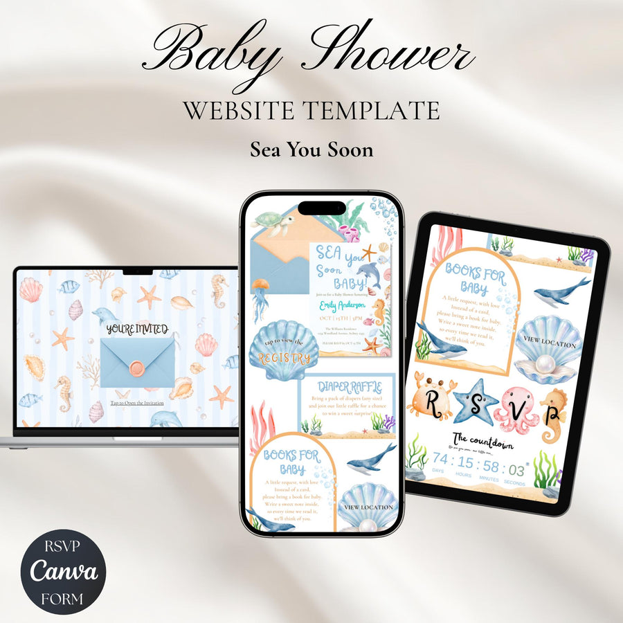 Sea You Soon Baby Shower Website Invitation with RSVP | Editable Canva Template, Digital Invite