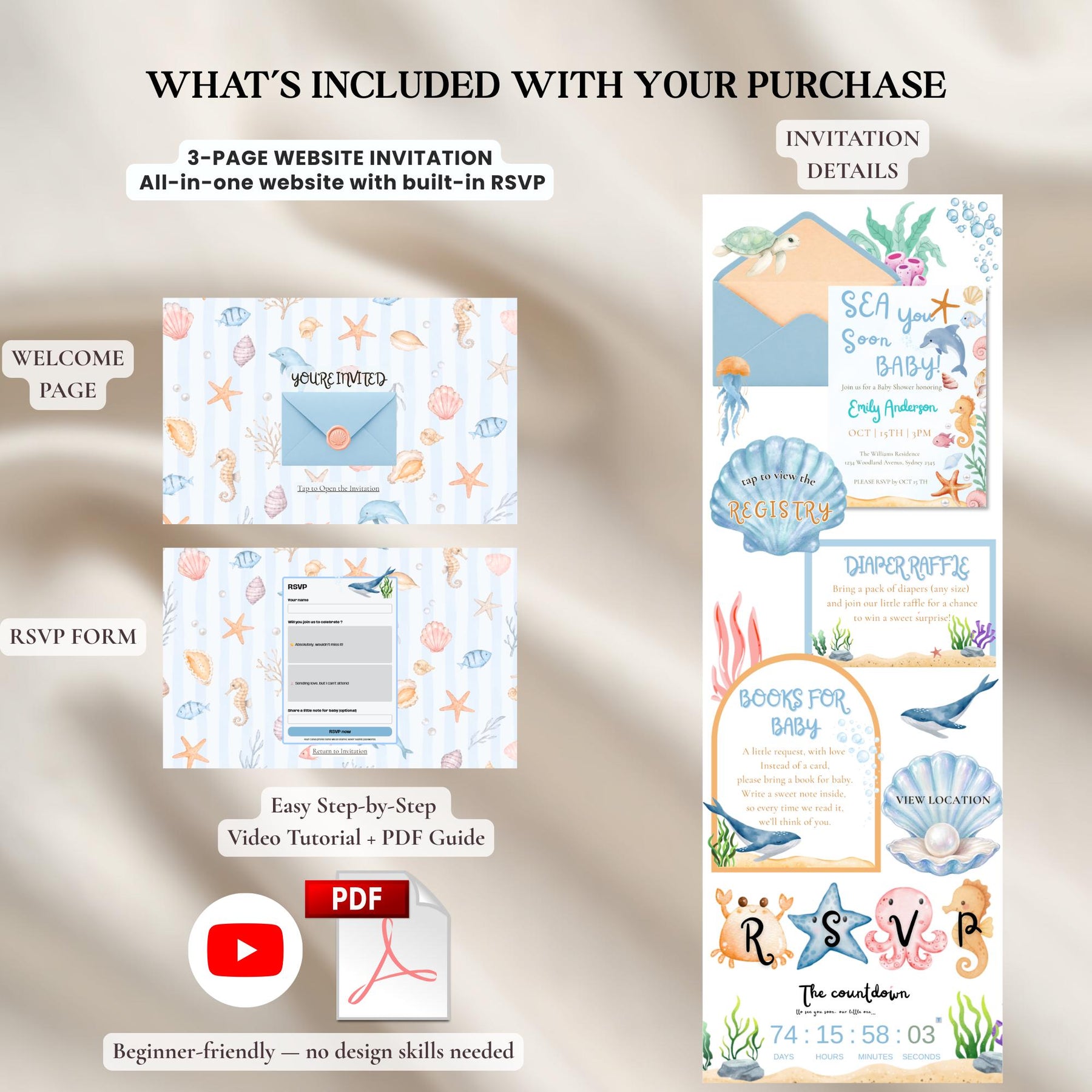 Sea You Soon Baby Shower Website Invitation with RSVP | Editable Canva Template, Digital Invite