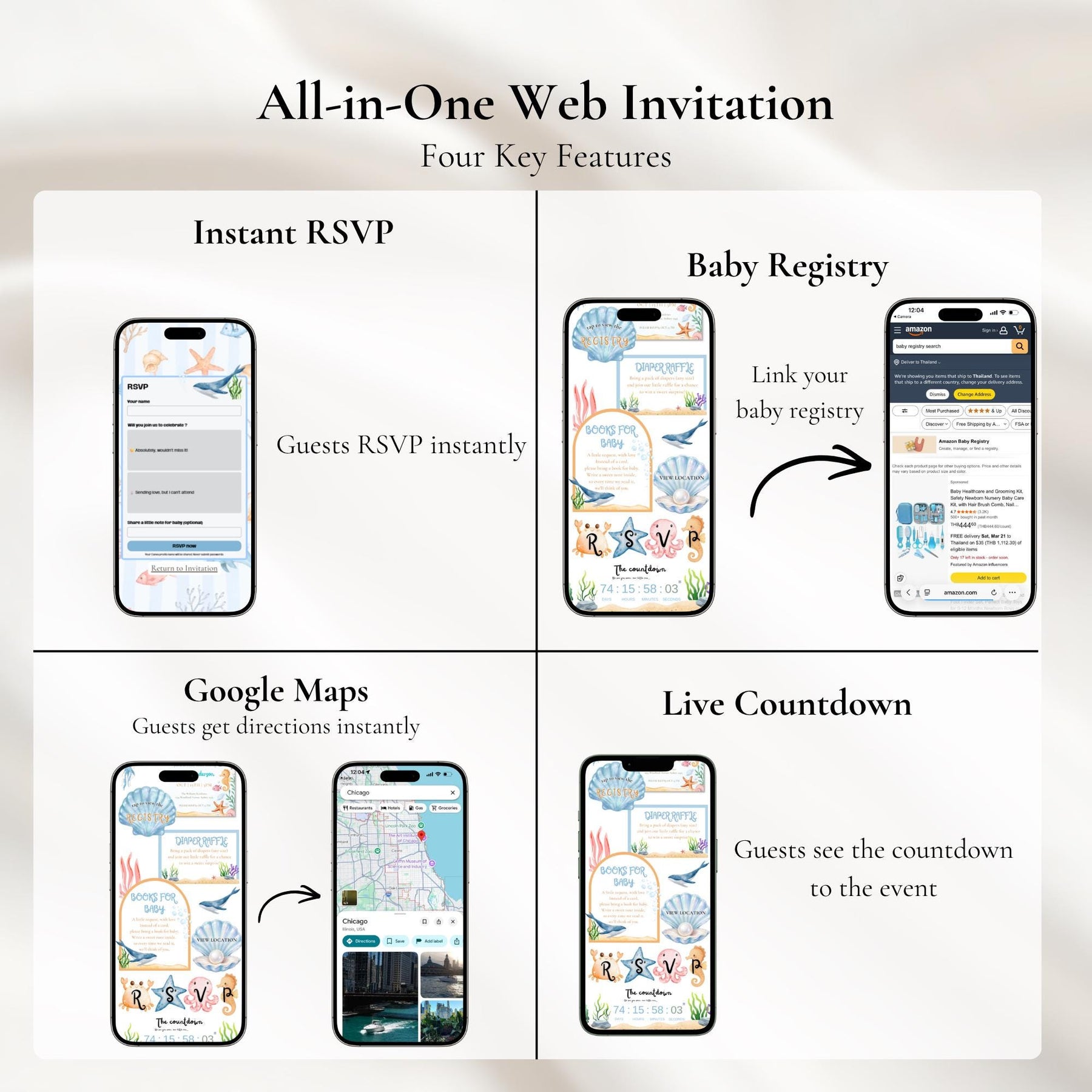 Sea You Soon Baby Shower Website Invitation with RSVP | Editable Canva Template, Digital Invite