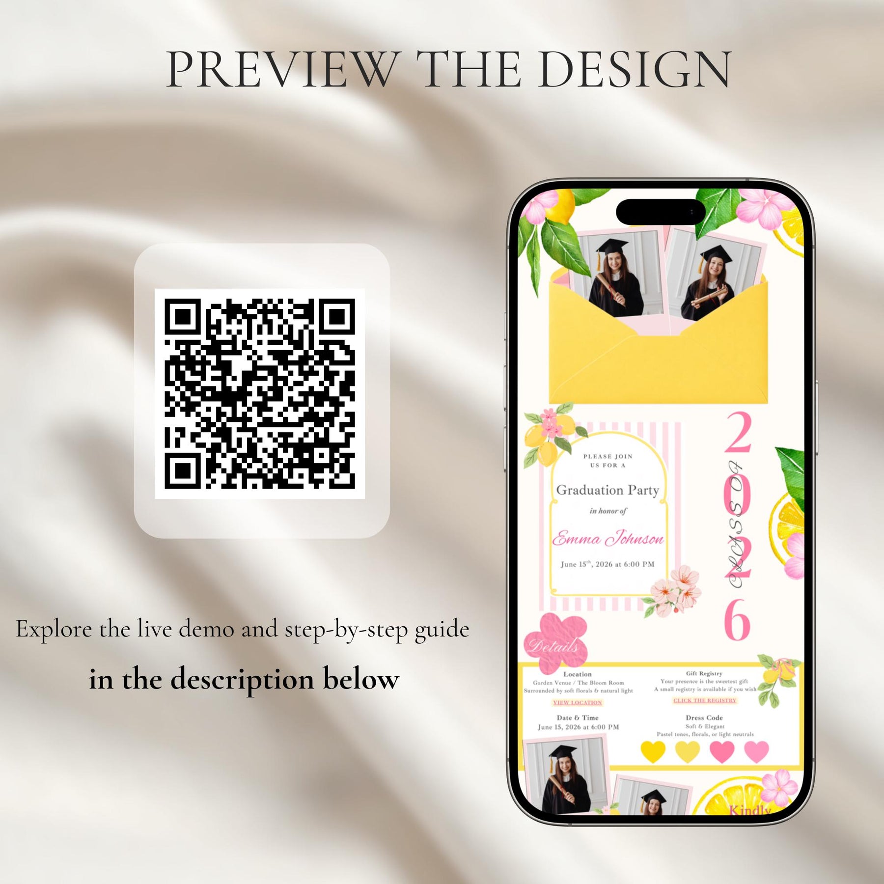 Freshly Graduated Lemon Graduation Invitation Template, Citrus Theme Class of 2026, Editable Canva Invite (Digital Download)