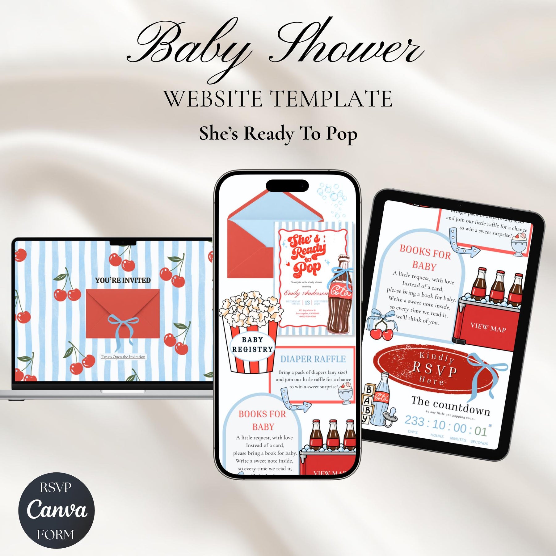 She’s Ready to Pop Baby Shower Website Template | Editable Canva Invite with RSVP, Digital Baby Shower Invitation