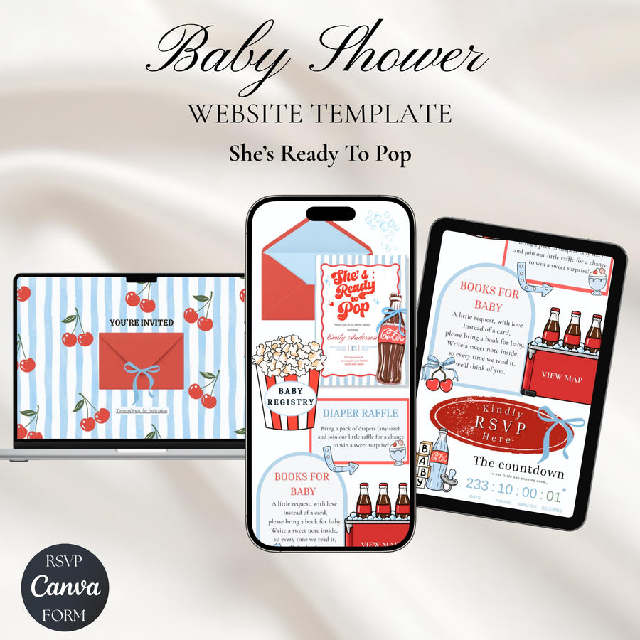 She’s Ready to Pop Baby Shower Website Template | Editable Canva Invite with RSVP, Digital Baby Shower Invitation