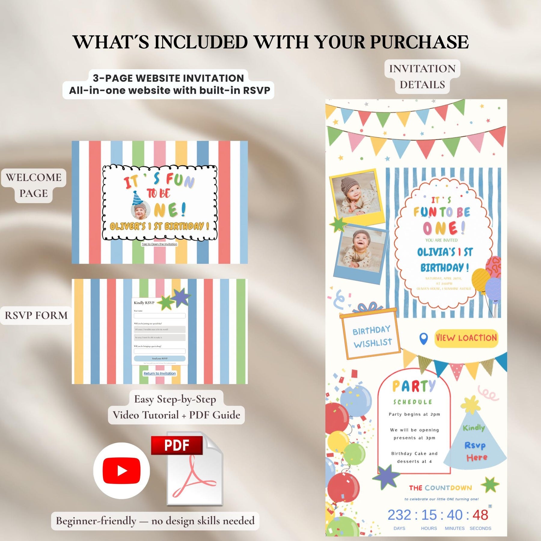 It’s Fun to Be One Birthday Invitation Website with RSVP | Editable Canva Template, 1st Birthday Party Invite