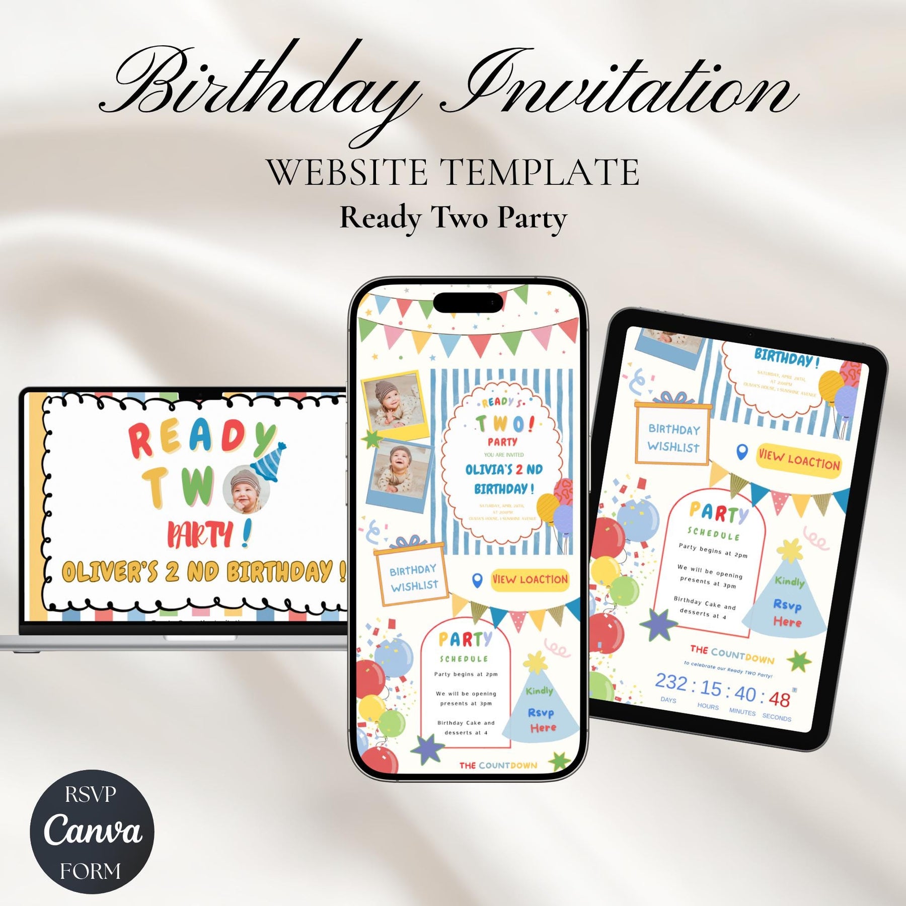 Ready Two Party 2nd Birthday Invitation Template | Editable Canva Website Invite with RSVP