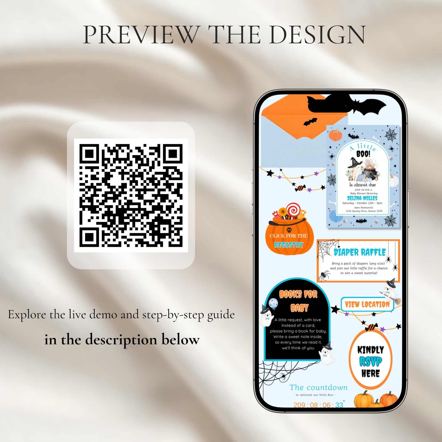 A Little Boo Is Almost Due Baby Shower Invitation Website with RSVP | Editable Halloween Canva Invite Template