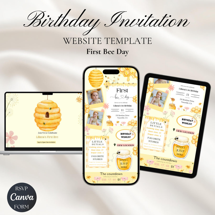 First Bee Day Birthday Invitation Website with RSVP | Bee Birthday Invite, Editable Canva Template, Honey Bee 1st Birthday