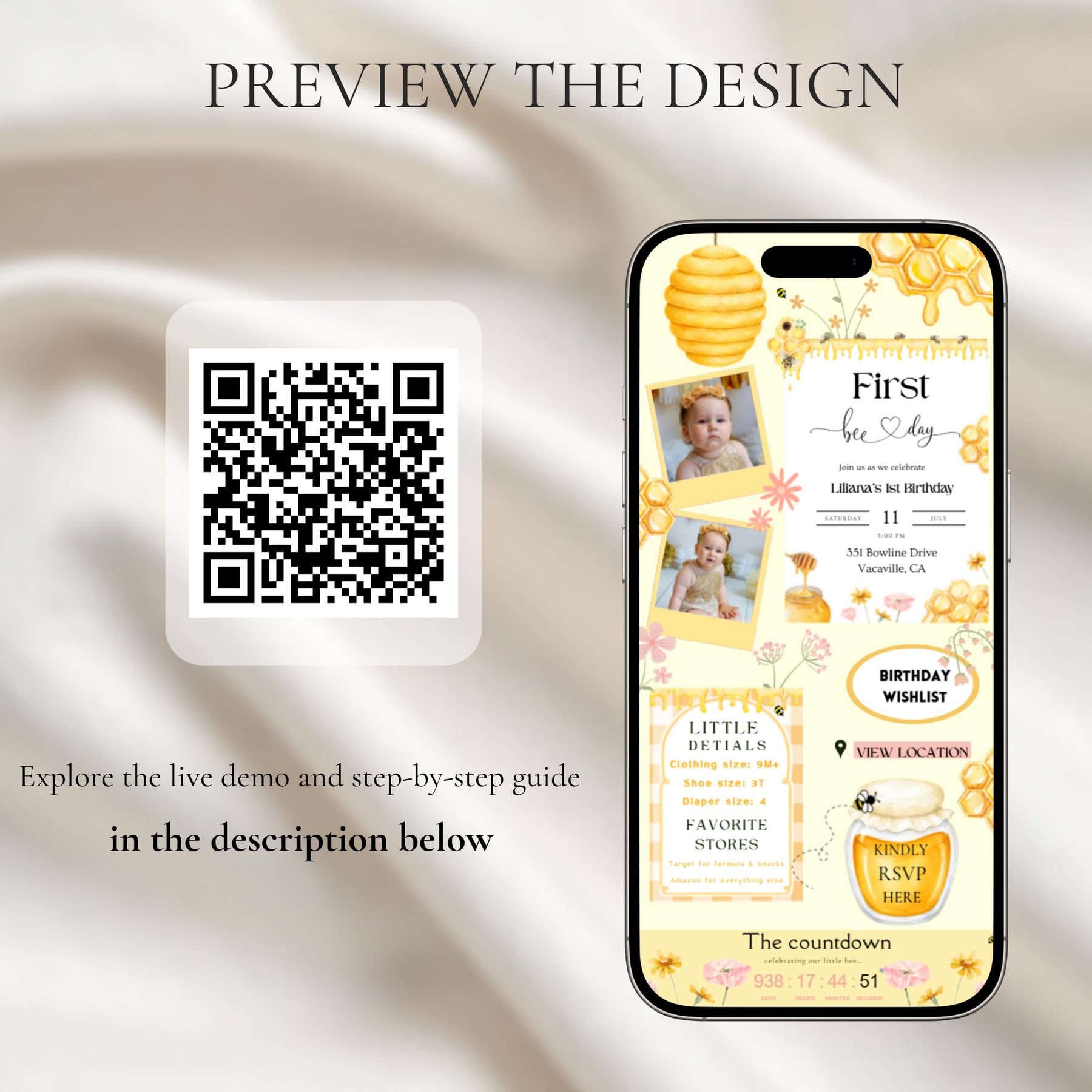 First Bee Day Birthday Invitation Website with RSVP | Bee Birthday Invite, Editable Canva Template, Honey Bee 1st Birthday