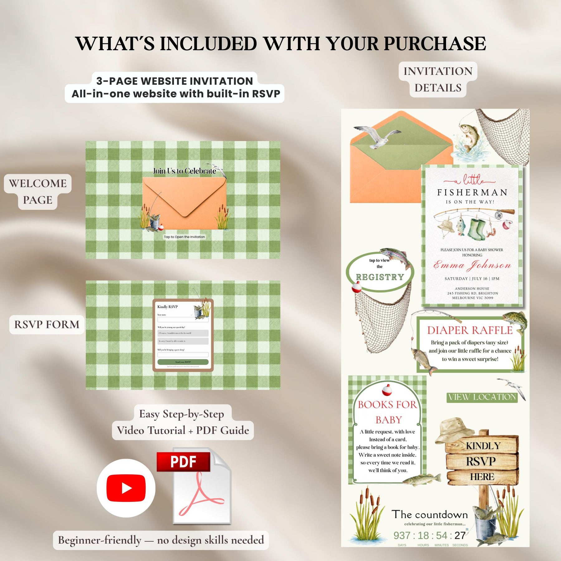 Fishing Baby Shower Website Invitation with RSVP, Editable Canva Template, Fisherman Baby Shower Invite, Boy Baby Shower Invitation