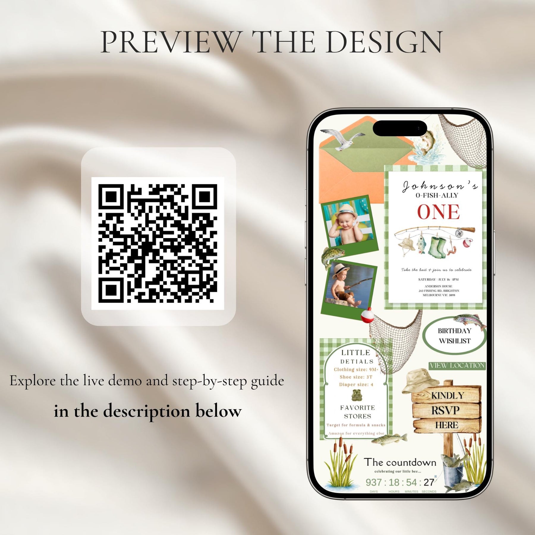 Ofishally One 1st Birthday Invitation Website with RSVP, Editable Canva Fishing Birthday Invite, Baby Boy First Birthday Template