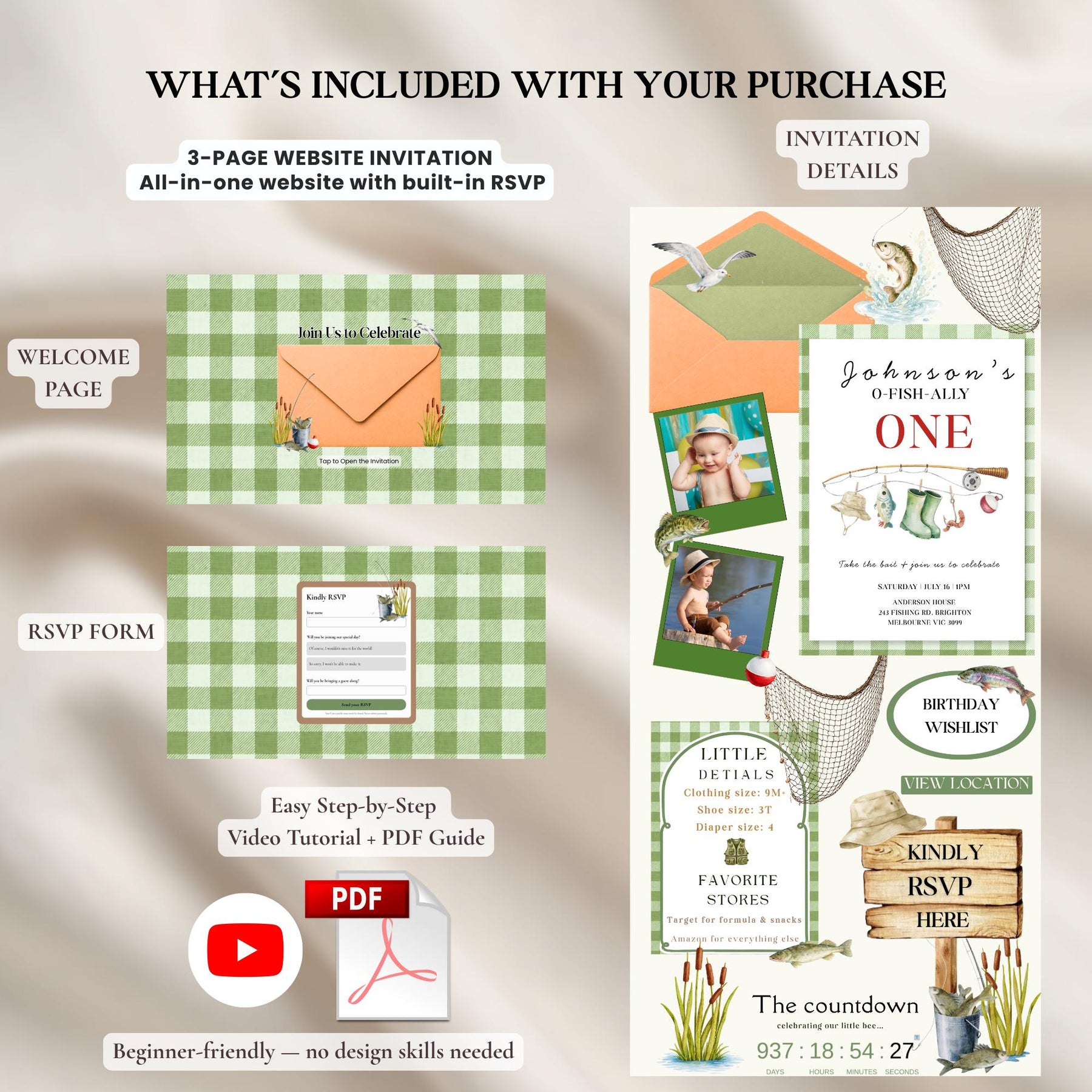 Ofishally One 1st Birthday Invitation Website with RSVP, Editable Canva Fishing Birthday Invite, Baby Boy First Birthday Template