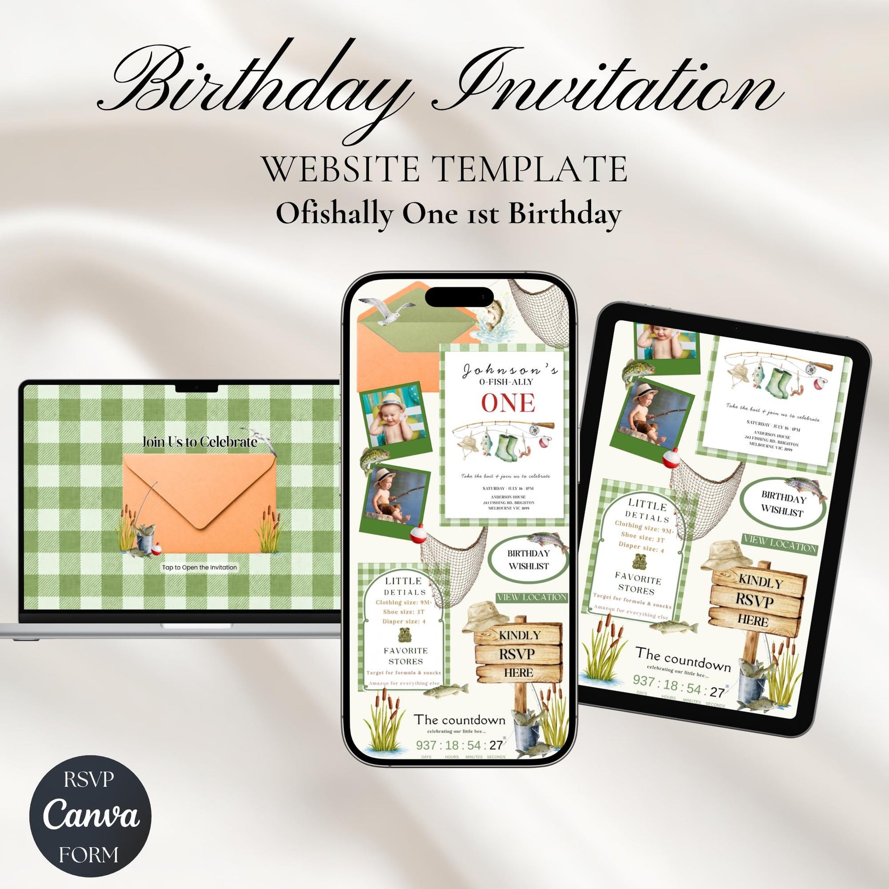 Ofishally One 1st Birthday Invitation Website with RSVP, Editable Canva Fishing Birthday Invite, Baby Boy First Birthday Template