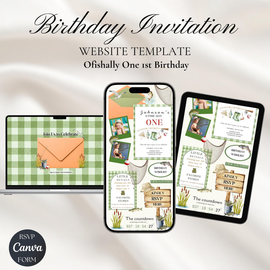 Ofishally One 1st Birthday Invitation Website with RSVP, Editable Canva Fishing Birthday Invite, Baby Boy First Birthday Template