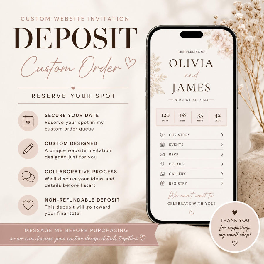 Custom Website Invitation Deposit | Reserve Your Custom Order Slot