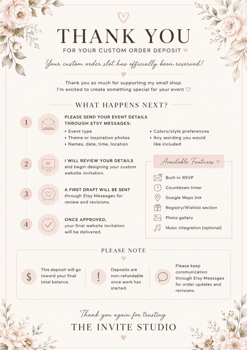 Custom Website Invitation Deposit | Reserve Your Custom Order Slot