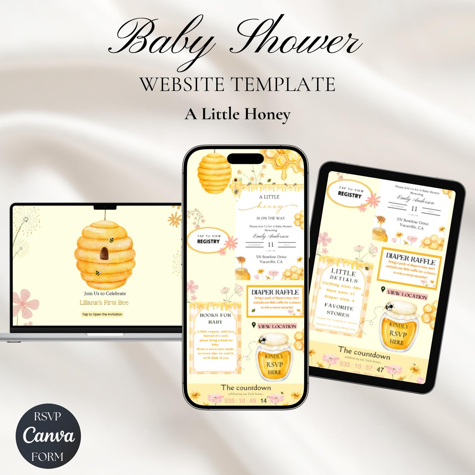 A Little Honey Is On The Way Baby Shower Invitation Website with RSVP, Editable Canva Template, Bee Baby Shower Invite